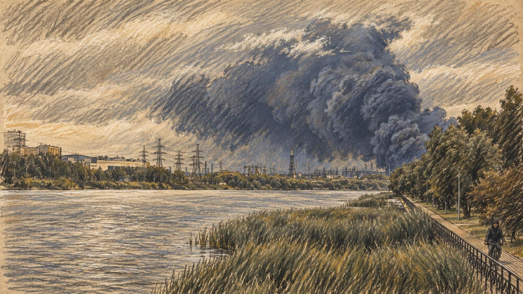 Courtroom-sketch editorial illustration of a dark smoke column rising over a refinery skyline beyond a river and reeds; archival context from a June 2026 fire at the Moscow Oil Refinery, not the Ilsky refinery, rendered in warm ochre and slate-blue pastel strokes.