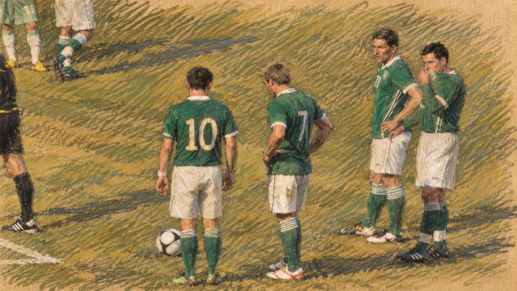 Courtroom-sketch editorial illustration of Republic of Ireland footballers in green lining up a free kick at a May 2010 friendly against Algeria; archival team context, not the 2026 squad or the Israel fixtures, rendered in warm ochre and slate-blue pastel strokes.
