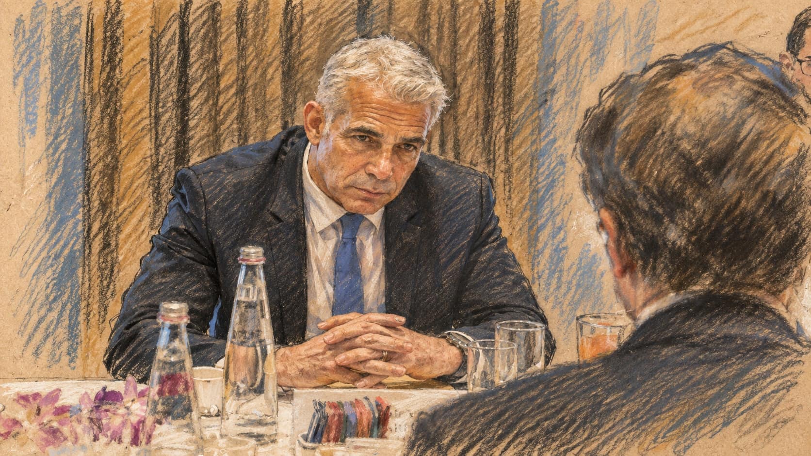 Courtroom-sketch editorial illustration of Yair Lapid, then Israel's opposition leader, seated at a meeting table with his hands clasped during a January 2023 meeting with U.S. Secretary of State Antony Blinken in Jerusalem; archival context, not the September 26, 2026 opposition leaders' meeting at his Tel Aviv home, rendered in warm ochre and slate-blue pastel strokes.