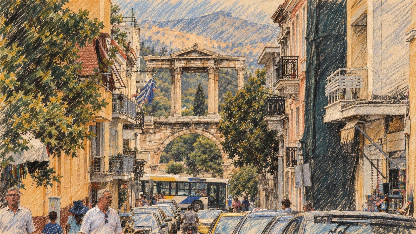 Courtroom-sketch editorial illustration of an archival 2016 view down Lysikratous Street in Athens' Plaka district toward Hadrian's Arch, balconied buildings, trees, cars and pedestrians; street context for the September 2026 building collapse, not the blast or the rescue itself, rendered in warm ochre and slate-blue pastel strokes.