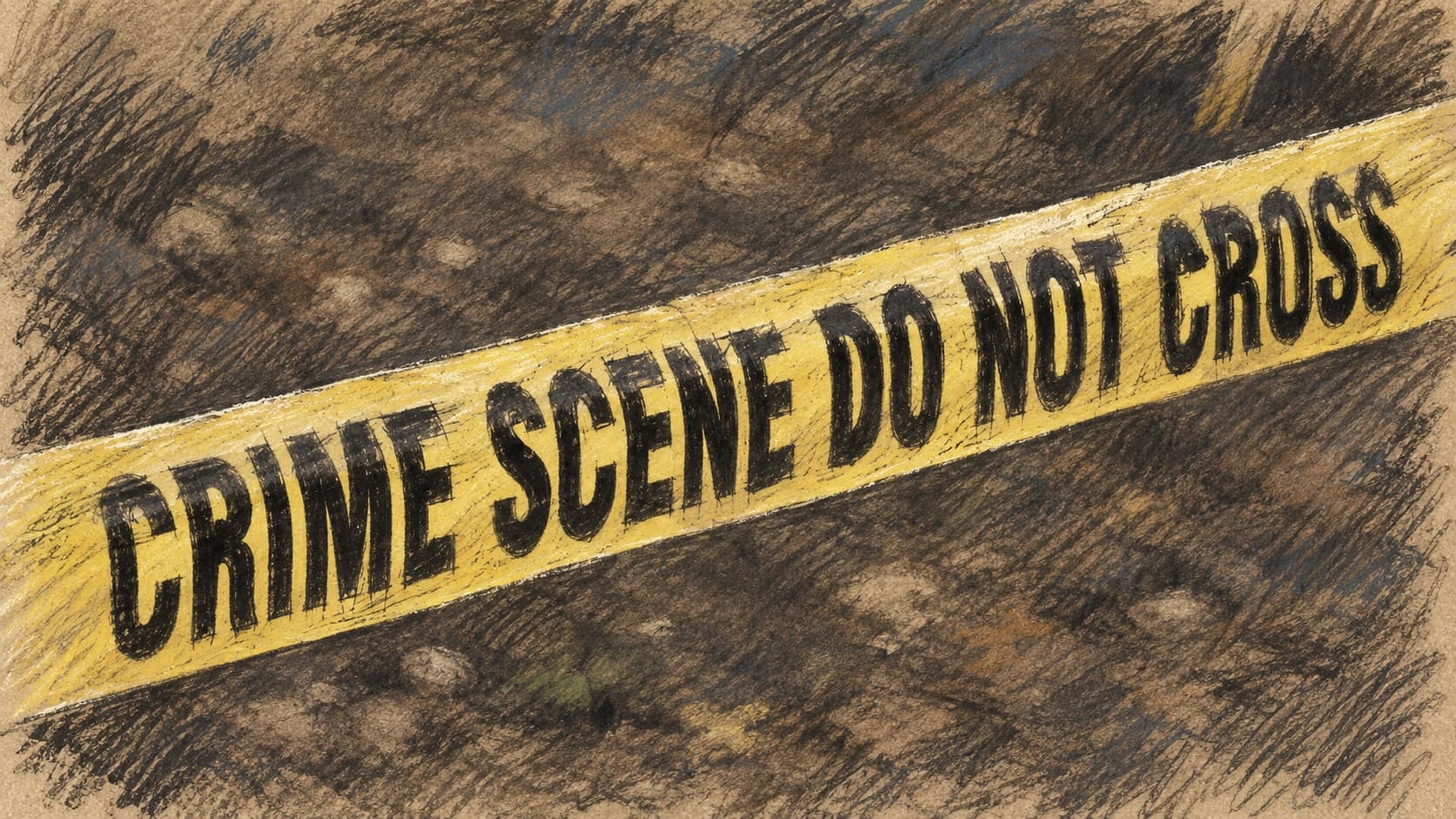 Courtroom-sketch editorial illustration of yellow crime-scene tape stretched across dark bare ground; a generic contextual image, not the Tembisa cemetery scene or any victim, rendered in warm ochre and slate-blue pastel strokes.