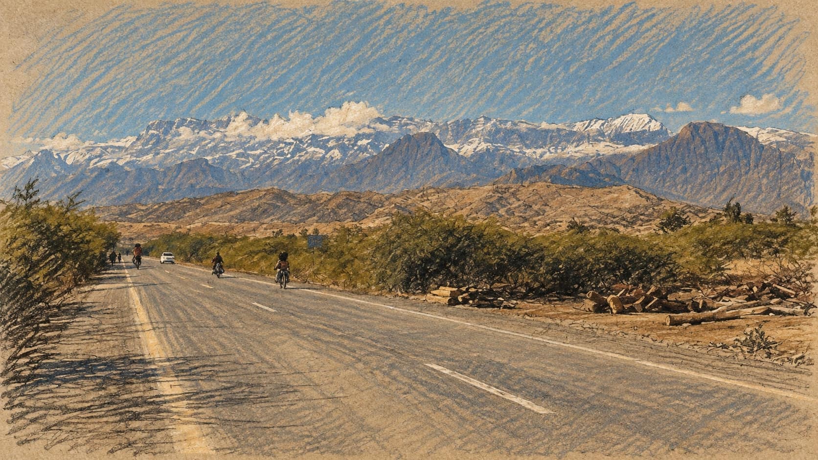 Courtroom-sketch editorial illustration of an archival 2022 view of a road in Darazinda, Dera Ismail Khan district, where motorcyclists ride between green scrub toward the snow-capped Koh-e-Sulaiman range; local context, not the September 26, 2026 checkpoint bombing or ambulance attack, rendered in warm ochre and slate-blue pastel strokes.