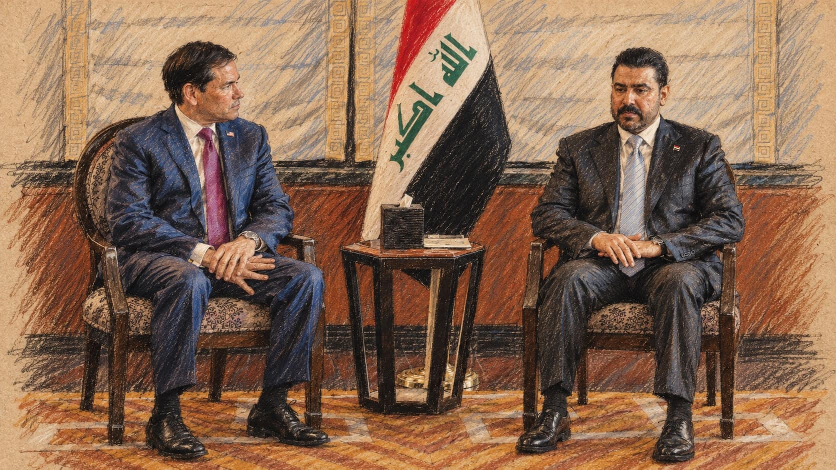 Courtroom-sketch editorial illustration of U.S. Secretary of State Marco Rubio and Iraqi Prime Minister Ali al-Zaidi seated in armchairs beside an Iraqi flag at their September 21, 2026 meeting in New York during the U.S. visit, not a cash shipment itself, rendered in warm ochre and slate-blue pastel strokes.