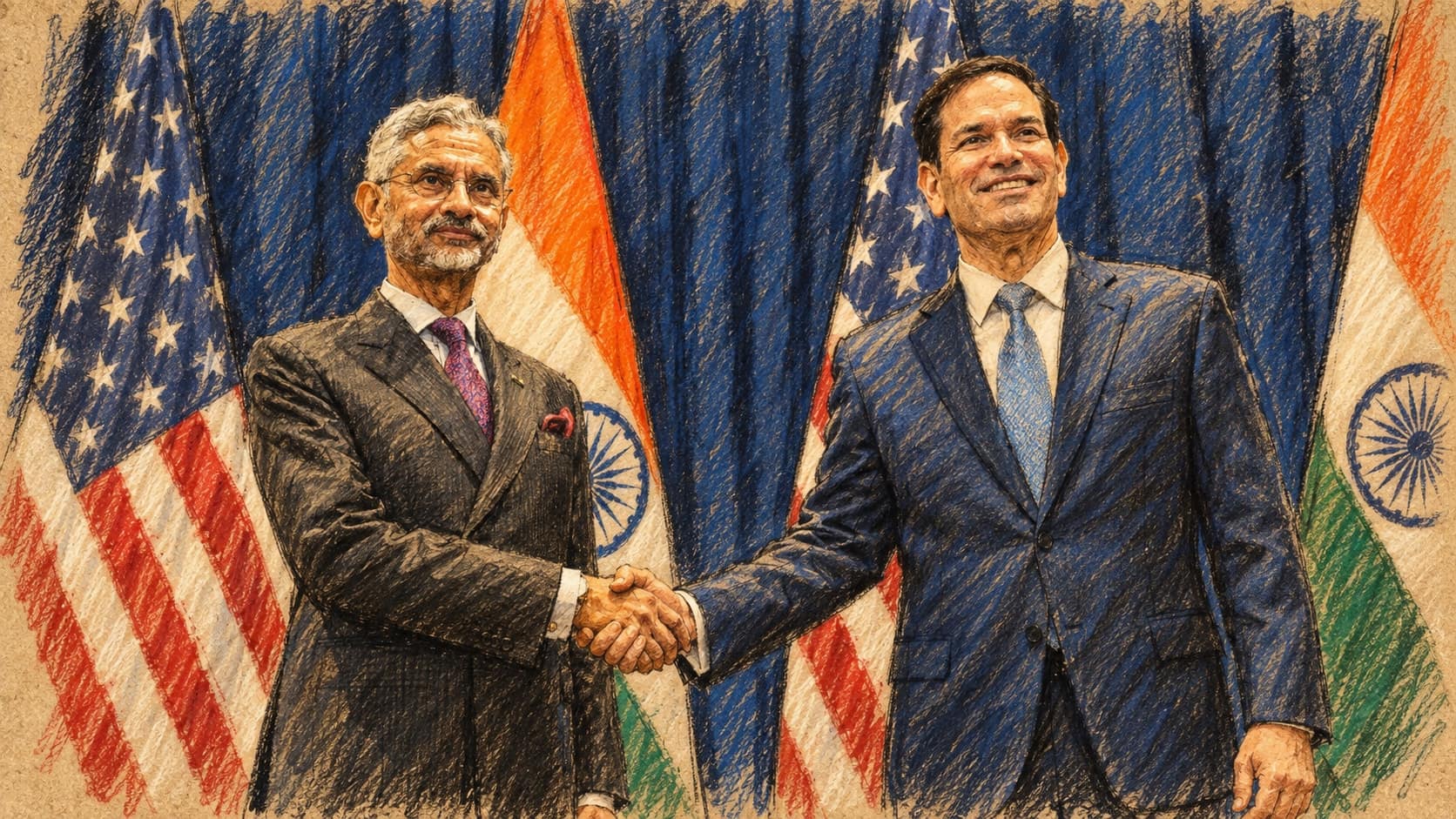 Courtroom-sketch editorial illustration of an archival September 2025 U.S. State Department photograph of India's External Affairs Minister S. Jaishankar shaking hands beside Indian and American flags during UN General Assembly week in New York; contextual portrait, not his September 26, 2026 UN address, rendered in warm ochre and slate-blue pastel strokes.