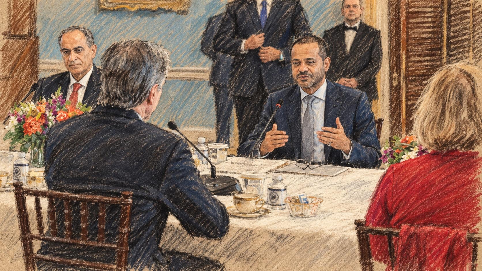 Courtroom-sketch editorial illustration of an archival November 2022 U.S. State Department photograph of Oman's Foreign Minister Sayyid Badr Albusaidi gesturing as he speaks at a diplomatic table in Washington; contextual portrait, not his September 26, 2026 UN General Assembly address, rendered in warm ochre and slate-blue pastel strokes.