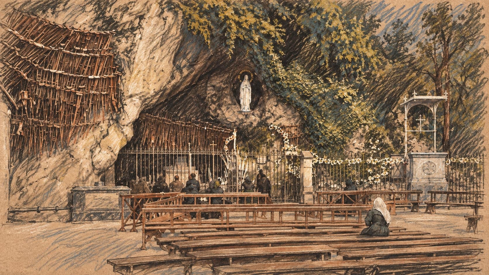 Courtroom-sketch editorial illustration of an archival 1890s photochrom view of the Grotto of Massabielle at Lourdes, the Virgin Mary statue in its rock niche above a railed altar, crutches hung on the rock and a woman kneeling among wooden benches; context for the grotto, not Pope Leo XIV's September 26, 2026 prayer there, rendered in warm ochre and slate-blue pastel strokes.