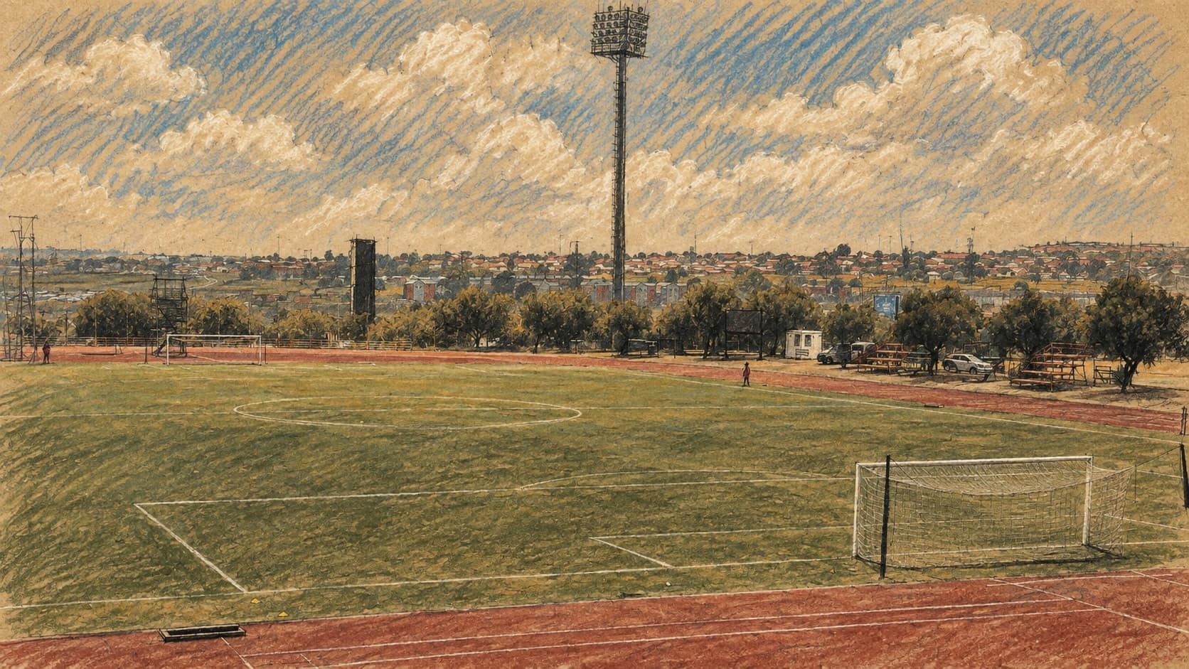 Courtroom-sketch editorial illustration of an archival March 2024 view of the University of Johannesburg's Soweto campus football pitch, a goal and a tall floodlight tower beyond a red running track with Soweto rooftops on the horizon; Soweto context, not Orlando Stadium or the September 26, 2026 South Africa v Guinea match, rendered in warm ochre and slate-blue pastel strokes.