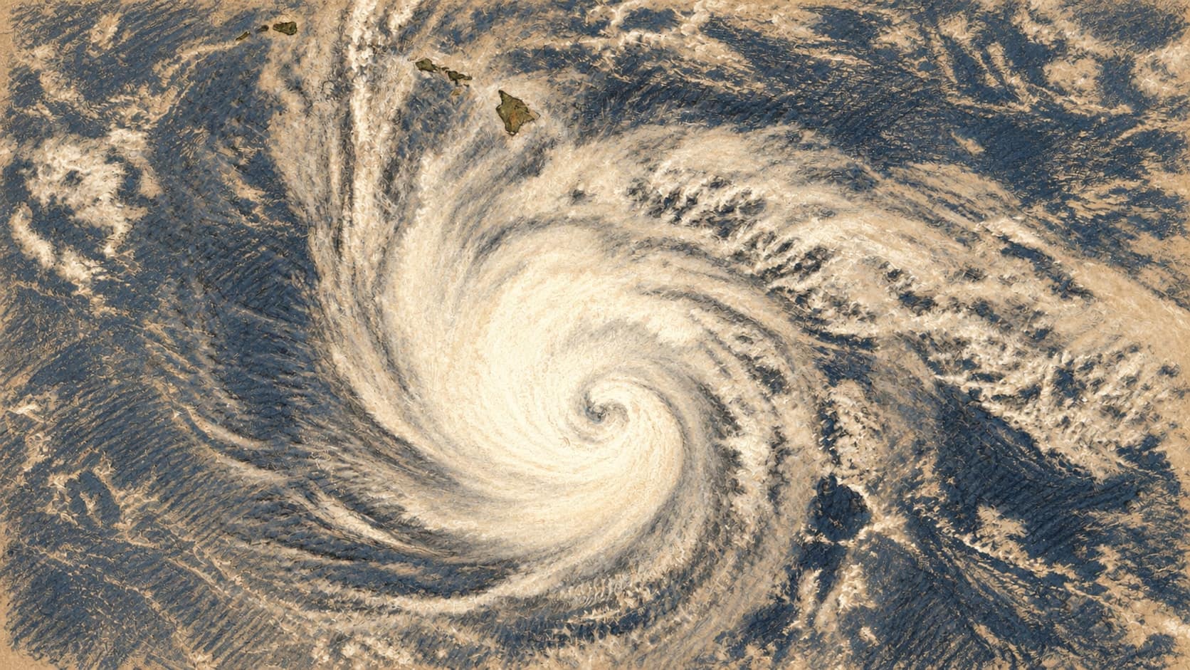 Courtroom-sketch editorial illustration of a NOAA/NASA satellite view of Hurricane Nolo from the afternoon of September 25, 2026, its tight eye and spiraling cloud bands over the Pacific just south of the Hawaiian islands at the top edge, rendered in warm ochre and slate-blue pastel strokes.