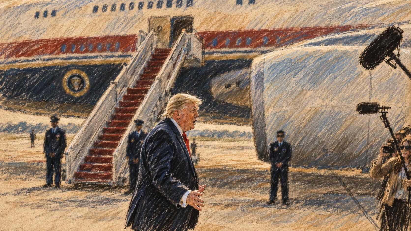 Courtroom-sketch editorial illustration of President Donald Trump speaking to reporters beside Air Force One at Joint Base Andrews in July 2026; archival context, not the Sept. 26 White House remarks, rendered in warm ochre and slate-blue pastel strokes.