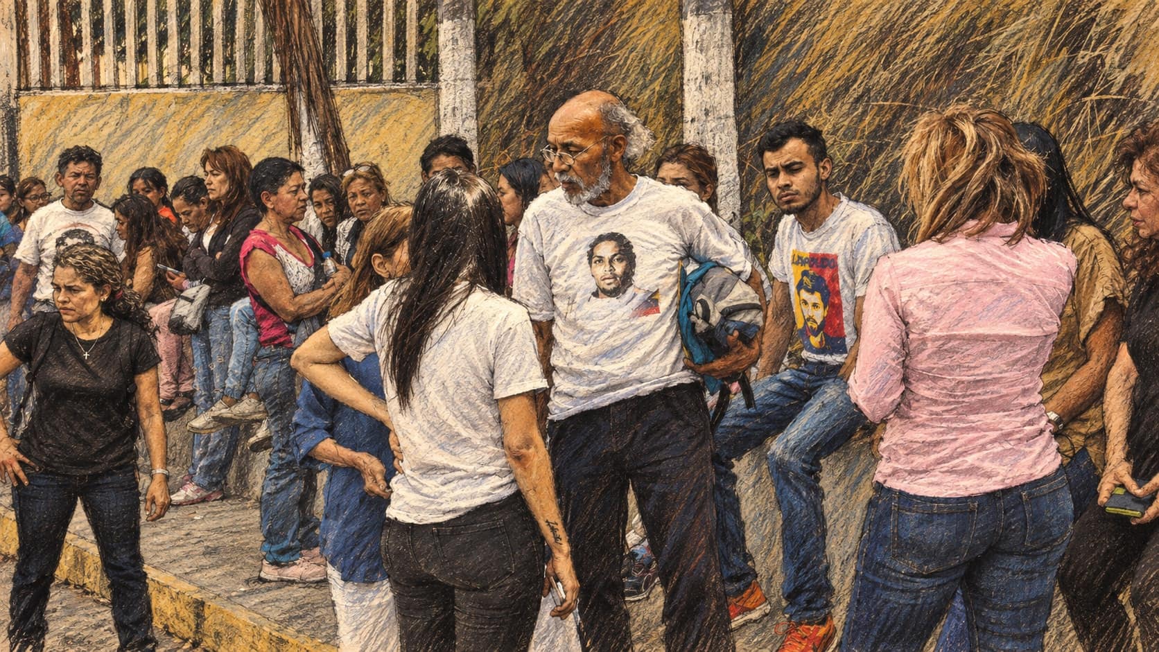 Courtroom-sketch editorial illustration of relatives of detainees waiting outside Caracas's El Helicoide detention center, some wearing T-shirts printed with prisoners' portraits, based on a 2018 contextual photo, rendered in warm ochre and slate-blue pastel strokes.