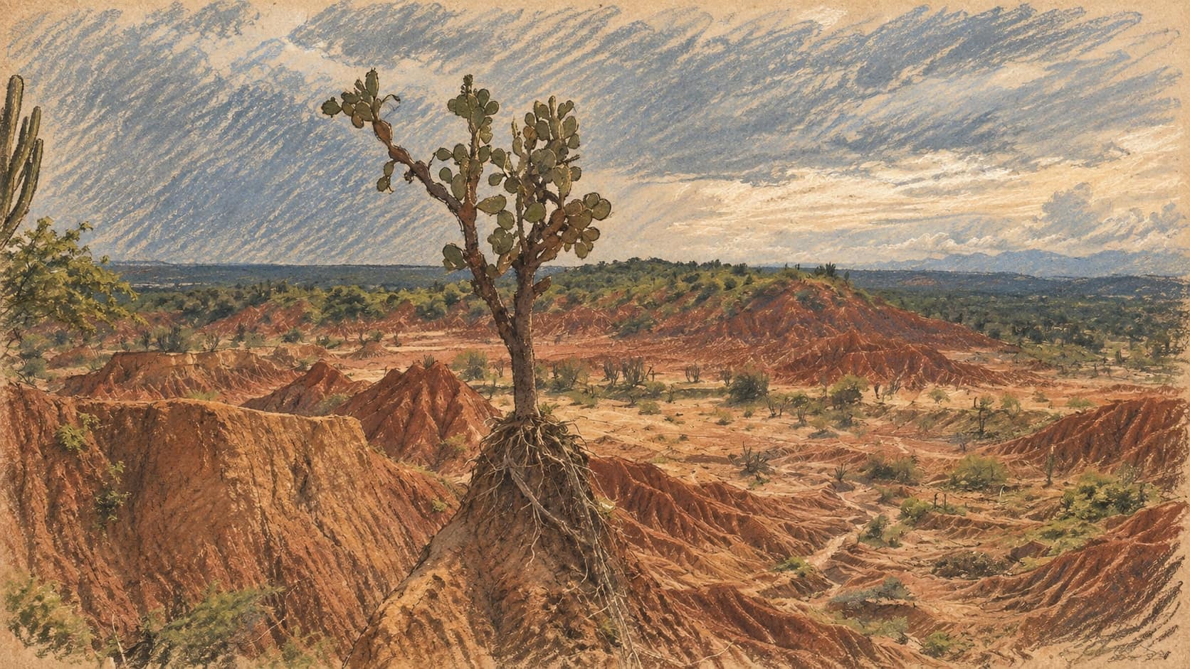 Courtroom-sketch editorial illustration of an archival tropical dry-forest landscape in Colombia's Huila department, with a sparse tree and eroded red gullies; regional context, not the September 2026 operation, rendered in warm ochre and slate-blue pastel strokes.