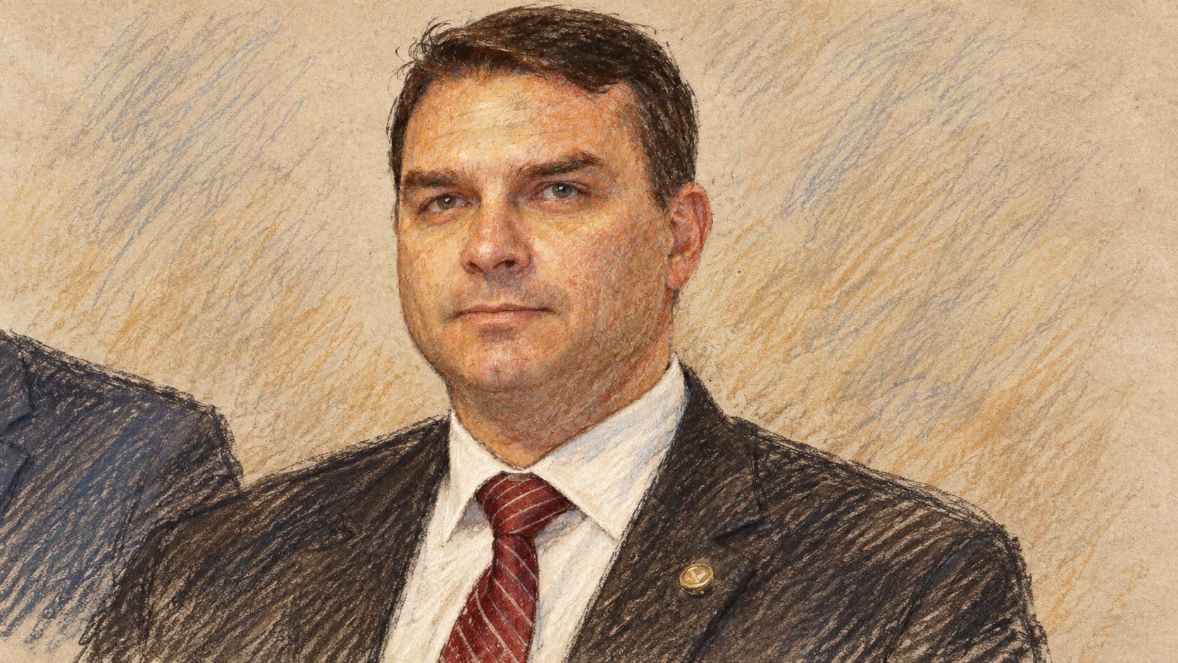 Courtroom-sketch editorial illustration of an archival 2018 portrait of Flávio Bolsonaro in a dark suit and red striped tie; contextual artwork, not his September 2026 appearance in Aracaju, rendered in warm ochre and slate-blue pastel strokes.