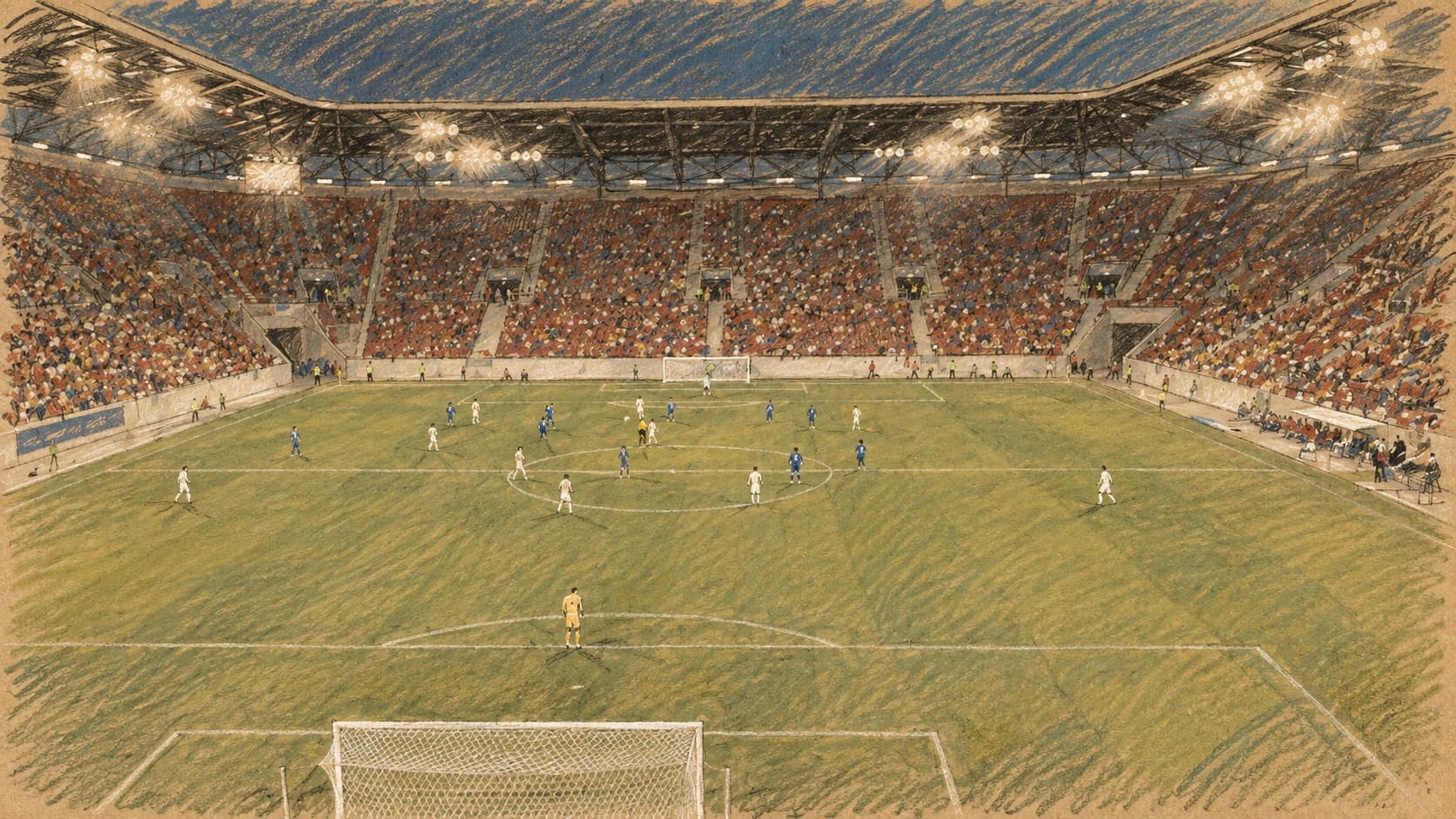 Courtroom-sketch editorial illustration of an archival football match at Augsburg's WWK Arena, seen from behind a goal with players and floodlit stands; venue context, not the 2026 Greece–Germany match, rendered in warm ochre and slate-blue pastel strokes.