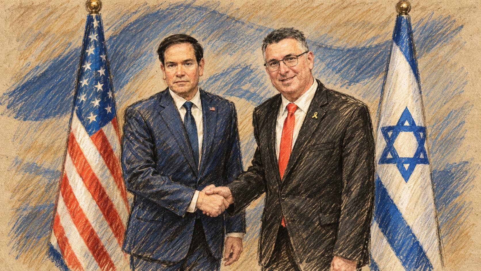 Courtroom-sketch editorial illustration of an archival February 2025 meeting in Jerusalem between U.S. Secretary of State Marco Rubio and Israeli Foreign Minister Gideon Sa’ar, with U.S. and Israeli flags; contextual artwork, not a depiction of the September 2026 Dutch diplomatic credential order, rendered in warm ochre and slate-blue pastel strokes.