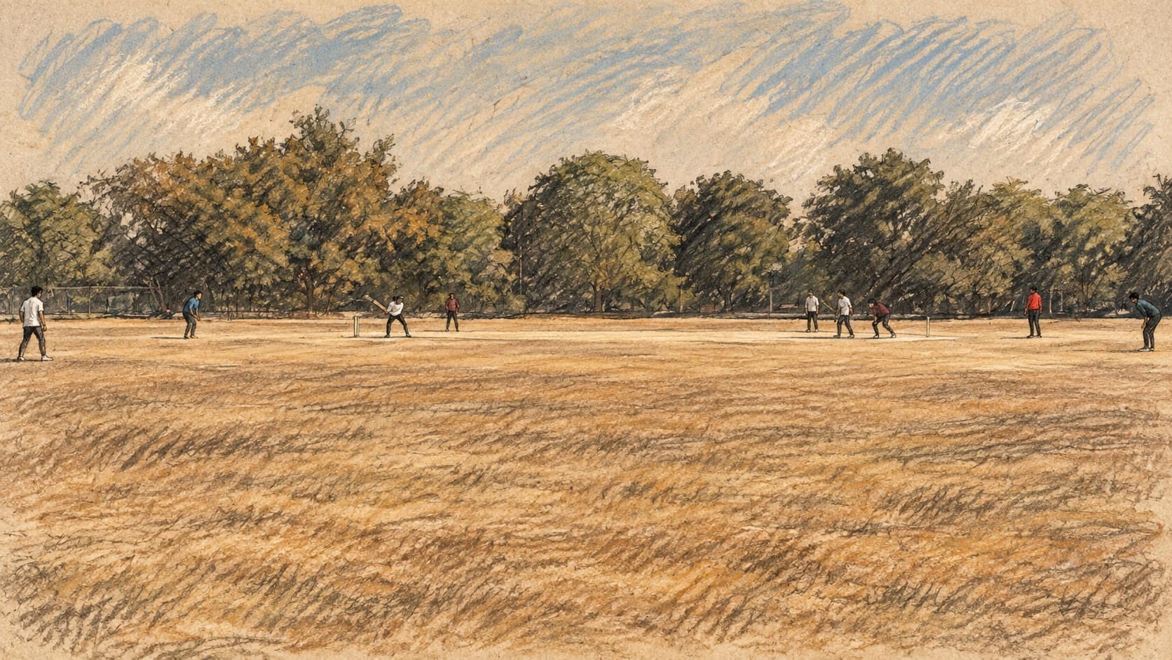 Courtroom-sketch editorial illustration of students playing cricket across a dry open field with trees in the background; archival context, not the 2026 India–West Indies ODI, rendered in warm ochre and slate-blue pastel strokes.
