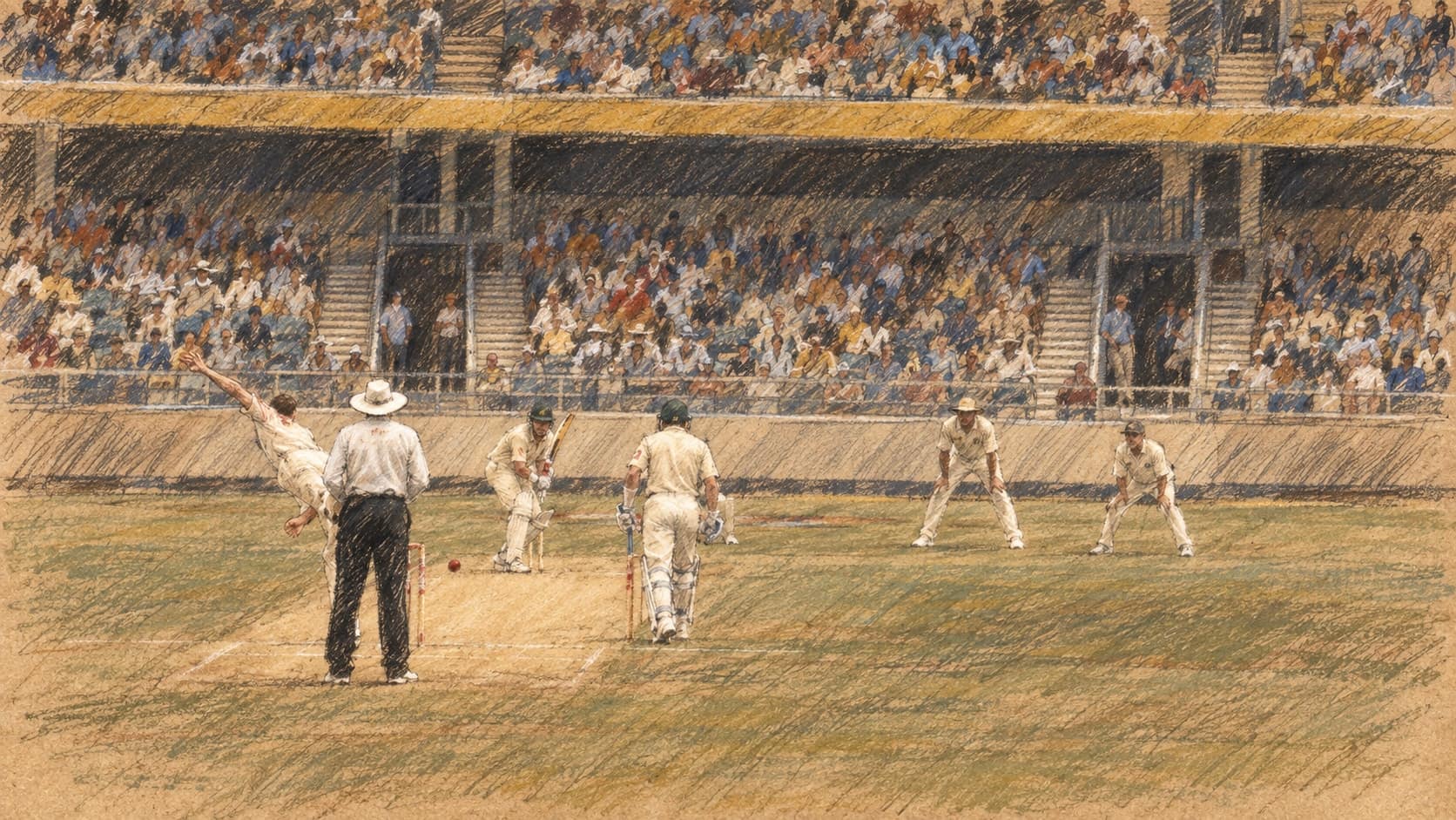 Courtroom-sketch editorial illustration of an archival 2005 South Africa–Australia cricket match, with Shaun Pollock bowling toward Michael Hussey at Perth's WACA Ground; context, not the 2026 ODI, rendered in warm ochre and slate-blue pastel strokes.