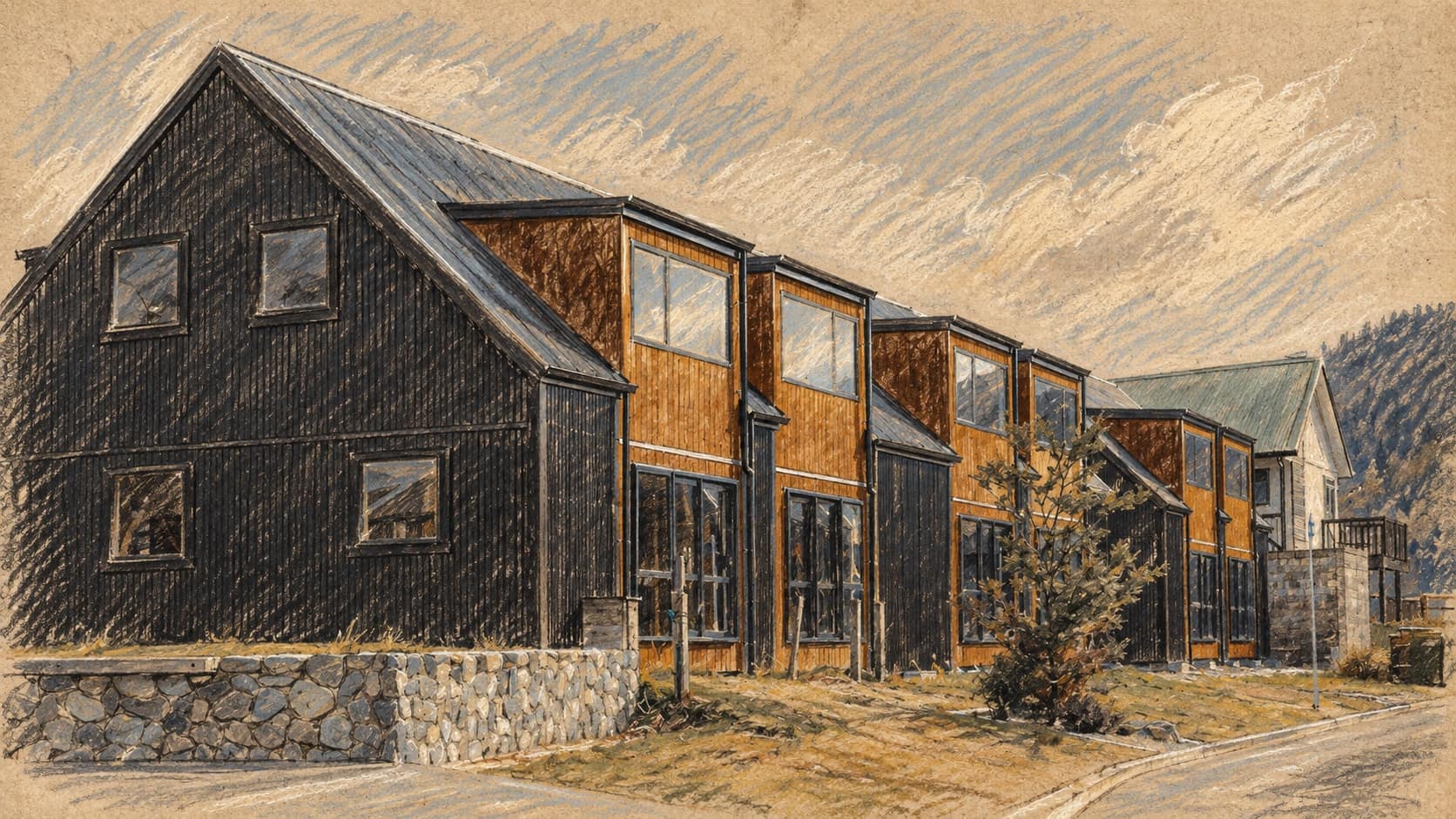 Courtroom-sketch editorial illustration of archival row houses in New Zealand, not the reported Auckland homes, rendered in warm ochre and slate-blue pastel strokes.