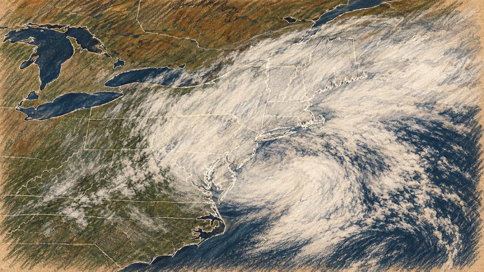 Courtroom-sketch editorial illustration of a September 27, 2026 NOAA satellite view of the northeastern United States and western Atlantic, with a broad cloud shield across the Northeast and offshore waters, rendered in warm ochre and slate-blue pastel strokes; satellite context, not a depiction of power outages or coastal flooding.
