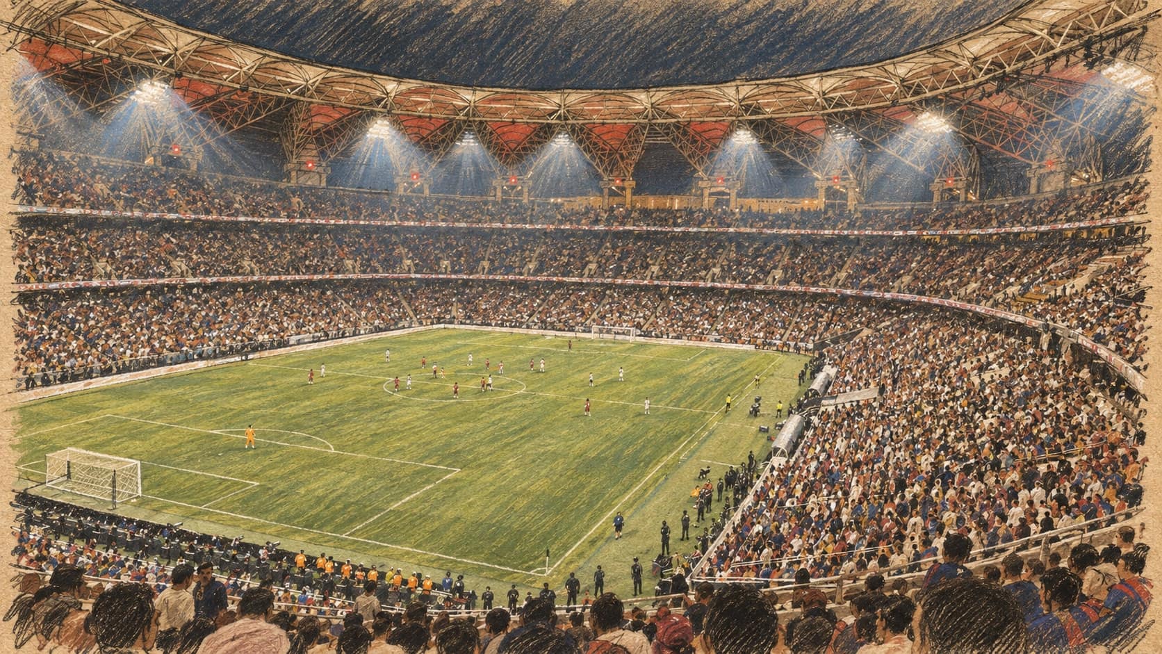 Courtroom-sketch editorial illustration of an archival January 2026 view across the football pitch and crowded stands at King Abdullah Sports City in Jeddah; venue context, not the Qatar–Yemen match, rendered in warm ochre and slate-blue pastel strokes.