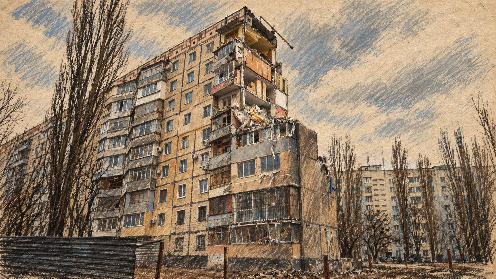Courtroom-sketch editorial illustration of a nine-storey Odesa apartment block with its upper corner torn open by a Shahed drone strike, bare poplars in front; archival March 2024 context, not the September 27, 2026 attacks, rendered in warm ochre and slate-blue pastel strokes.