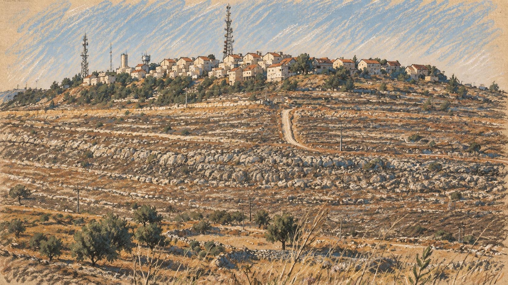 Courtroom-sketch editorial illustration of the Israeli community of Psagot on a hilltop in the Binyamin hills of Samaria, pale stone houses and radio masts above dry terraced slopes and olive trees; archival July 2004 context, not the September 2026 interview, rendered in warm ochre and slate-blue pastel strokes.