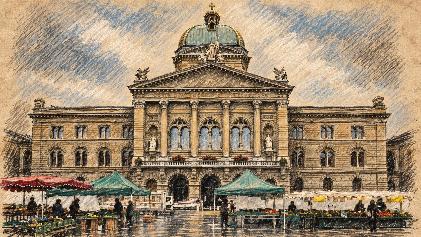 Courtroom-sketch editorial illustration of the Swiss Federal Palace facade and central dome in Bern, with market stalls in front, rendered in warm ochre and slate-blue pastel strokes; contextual 2024 architecture, not the September 2026 vote.