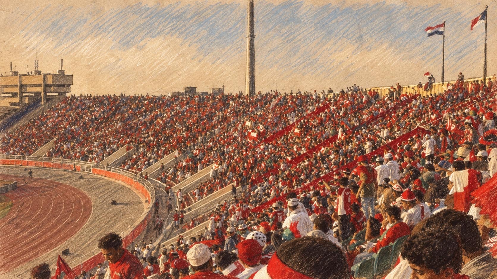 Courtroom-sketch editorial illustration of an archival crowd at the 2009 Gulf Cup in Muscat, with packed grandstands and a curving athletics track; tournament context, not the 2026 UAE–Bahrain match, rendered in warm ochre and slate-blue pastel strokes.