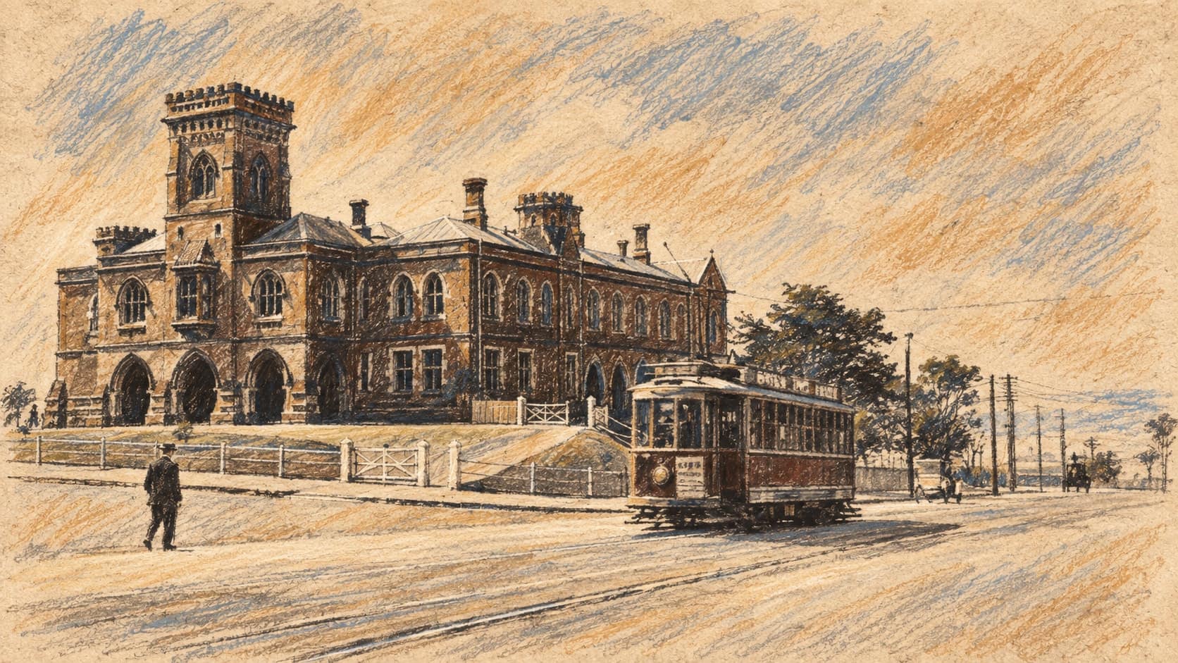 Courtroom-sketch editorial illustration of the historic Auckland High Court building and a tram in an archival streetscape, not the 2026 verdict, rendered in warm ochre and slate-blue pastel strokes.