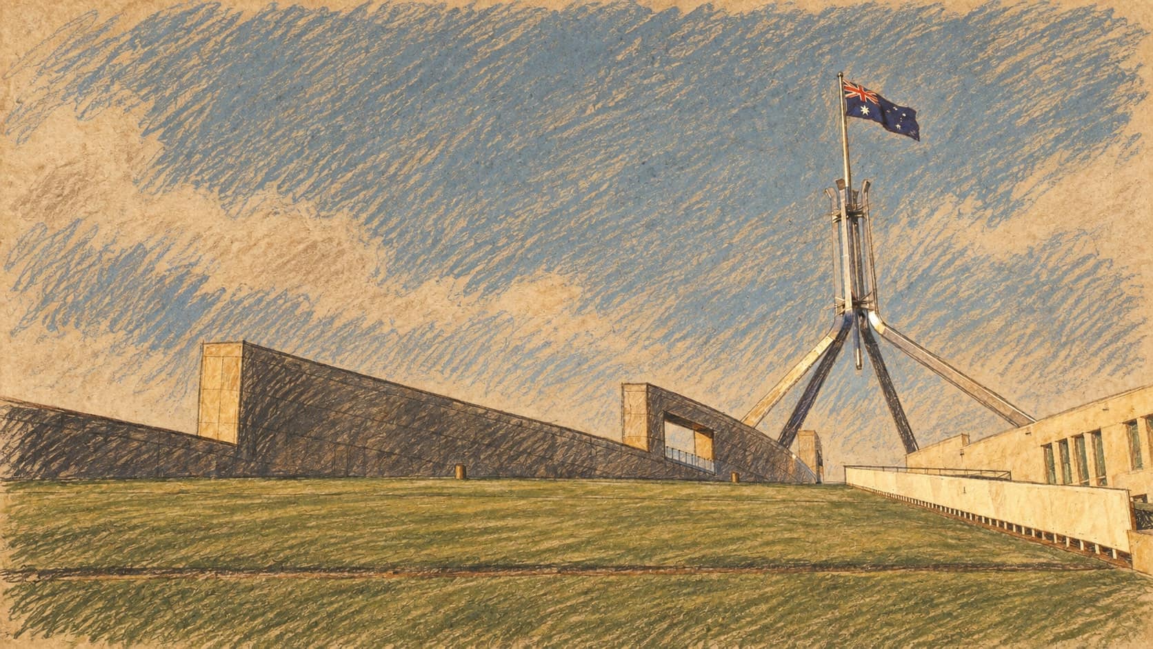 Courtroom-sketch editorial illustration of Australia's Parliament House in Canberra, with its flag mast above the lawn; archival government context, not the budget announcement, rendered in warm ochre and slate-blue pastel strokes.