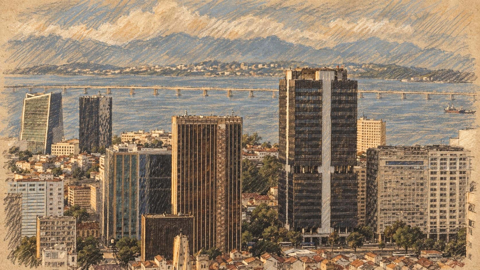 Courtroom-sketch editorial illustration of the Banco Central do Brasil building and surrounding Rio de Janeiro skyline, based on an archival 2023 photograph as context rather than the August 2026 statistics announcement, rendered in warm ochre and slate-blue pastel strokes.