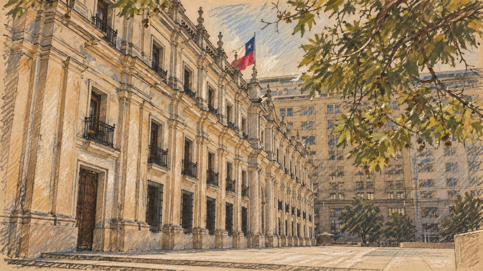 Courtroom-sketch editorial illustration of the side facade of Chile's La Moneda palace in Santiago, based on an archival 2025 photograph as government context rather than the 2026 jobs-plan launch, rendered in warm ochre and slate-blue pastel strokes.