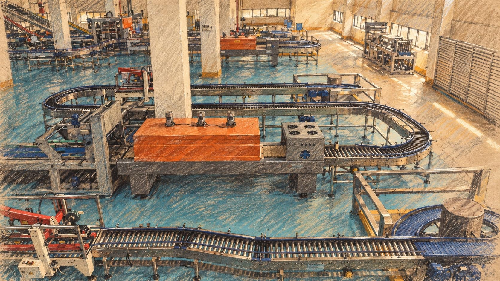 Courtroom-sketch editorial illustration of a conveyor line at a Guangdong food factory photographed in April 2026; industrial context, not the August profits release, rendered in warm ochre and slate-blue pastel strokes.