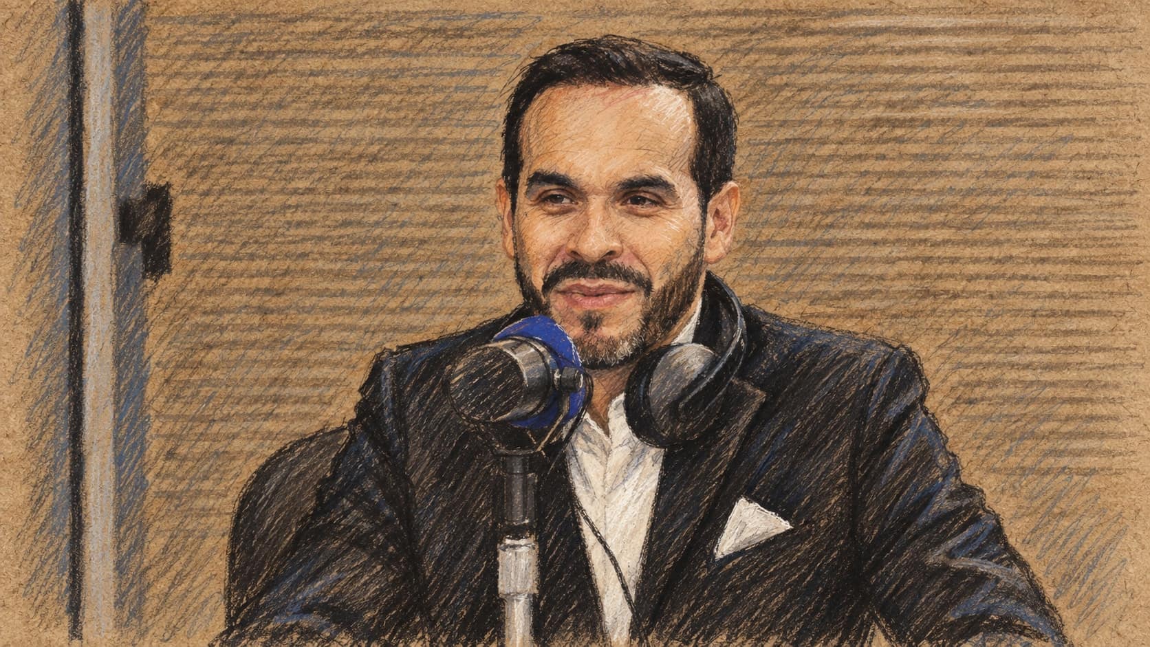 Courtroom-sketch editorial illustration of Abelardo de la Espriella seated behind a microphone in a studio during his 2026 presidential campaign; archival portrait context, not the September 27 fiscal address, rendered in warm ochre and slate-blue pastel strokes.
