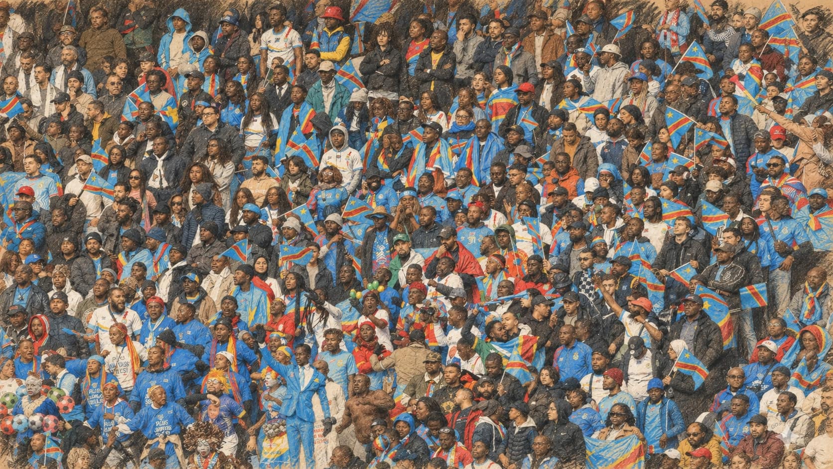 Courtroom-sketch editorial illustration of Congolese football supporters waving DR Congo flags in an archival stadium scene, rendered in warm ochre and slate-blue pastel strokes; this does not depict the Zimbabwe match.