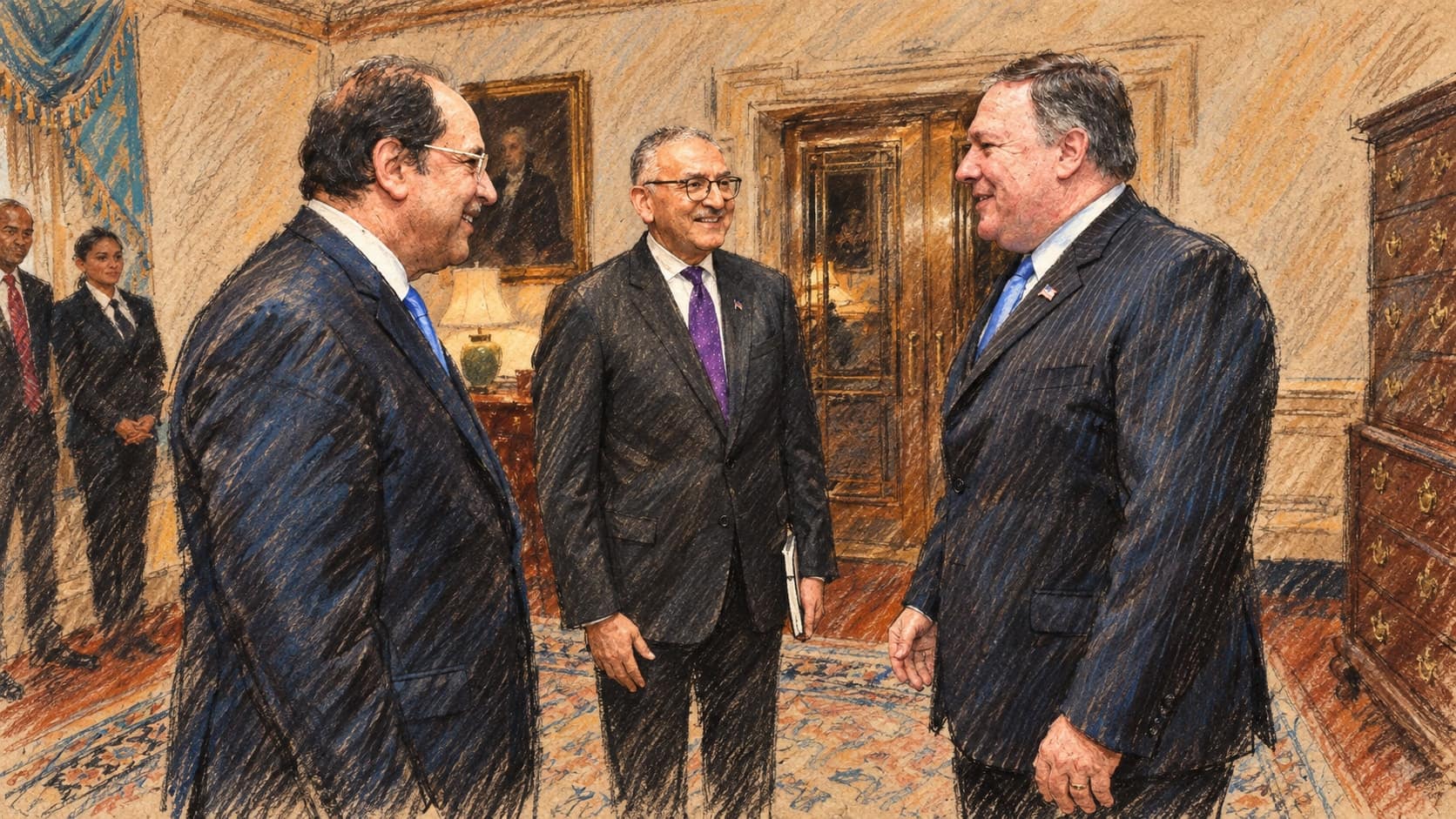 Courtroom-sketch editorial illustration of Abbas Kamel speaking with Mike Pompeo and another official at a 2018 U.S. State Department meeting; archival context, not the reported pre-October 7 call, rendered in warm ochre and slate-blue pastel strokes.