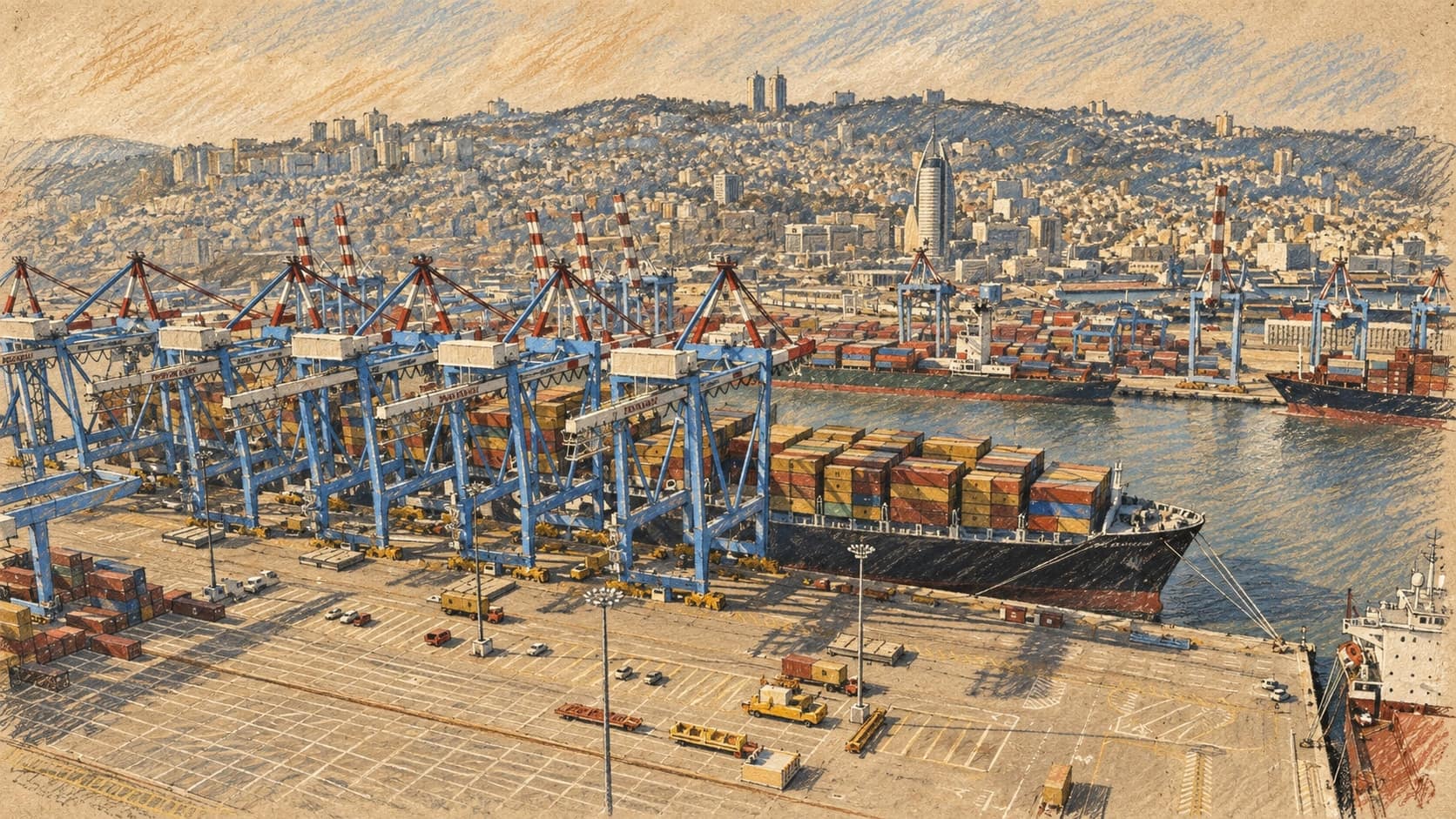 Courtroom-sketch editorial illustration of container cranes and cargo ships at the Port of Haifa, based on an archival 2013 photograph as maritime context rather than the proposed 2026 ZIM sale, rendered in warm ochre and slate-blue pastel strokes.