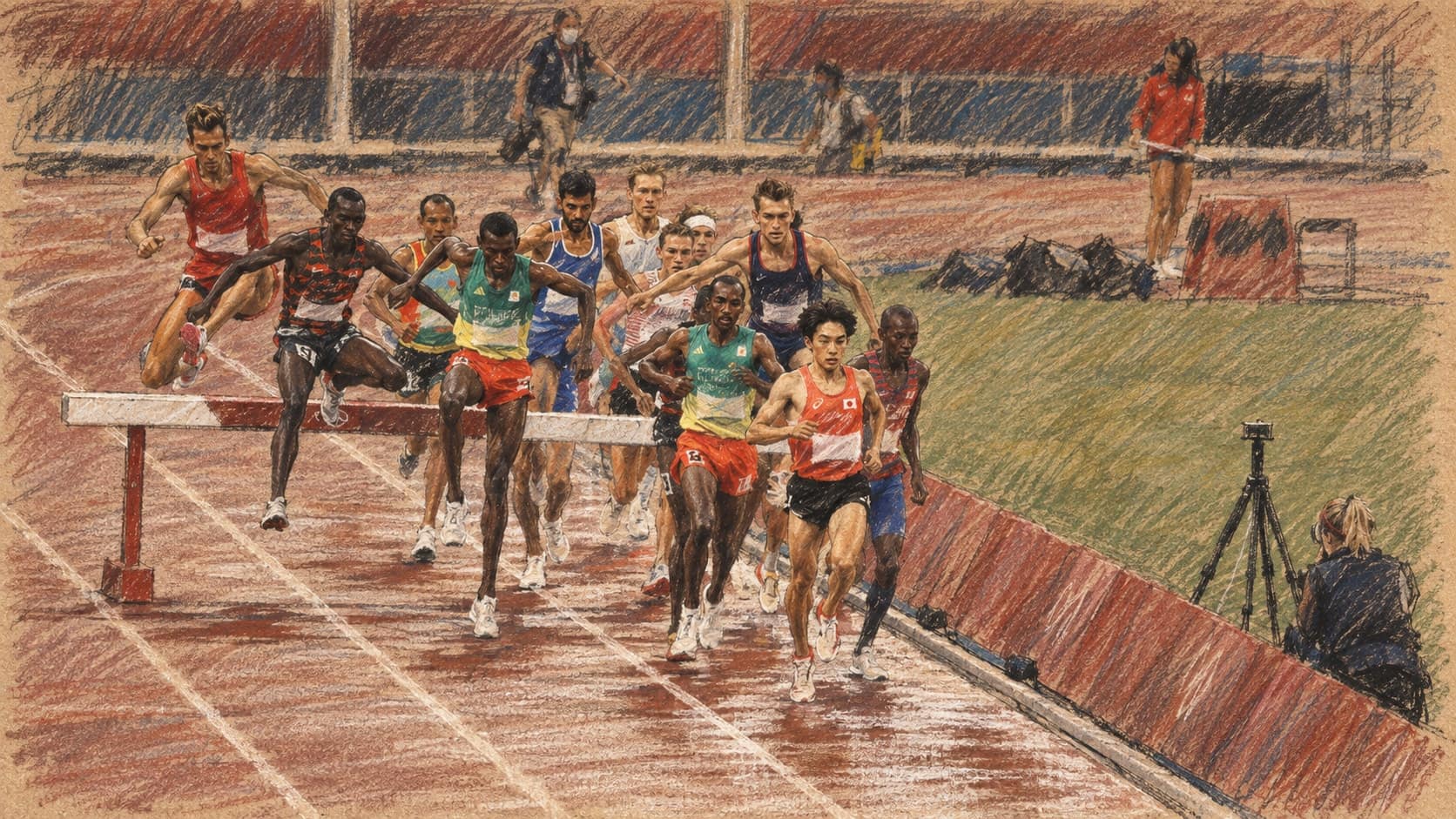 Courtroom-sketch editorial illustration of Ryuji Miura running near the front of a men's steeplechase pack, based on an archival 2021 Tokyo Olympic photograph rather than the 2026 Nagoya Asian Games final, rendered in warm ochre and slate-blue pastel strokes.
