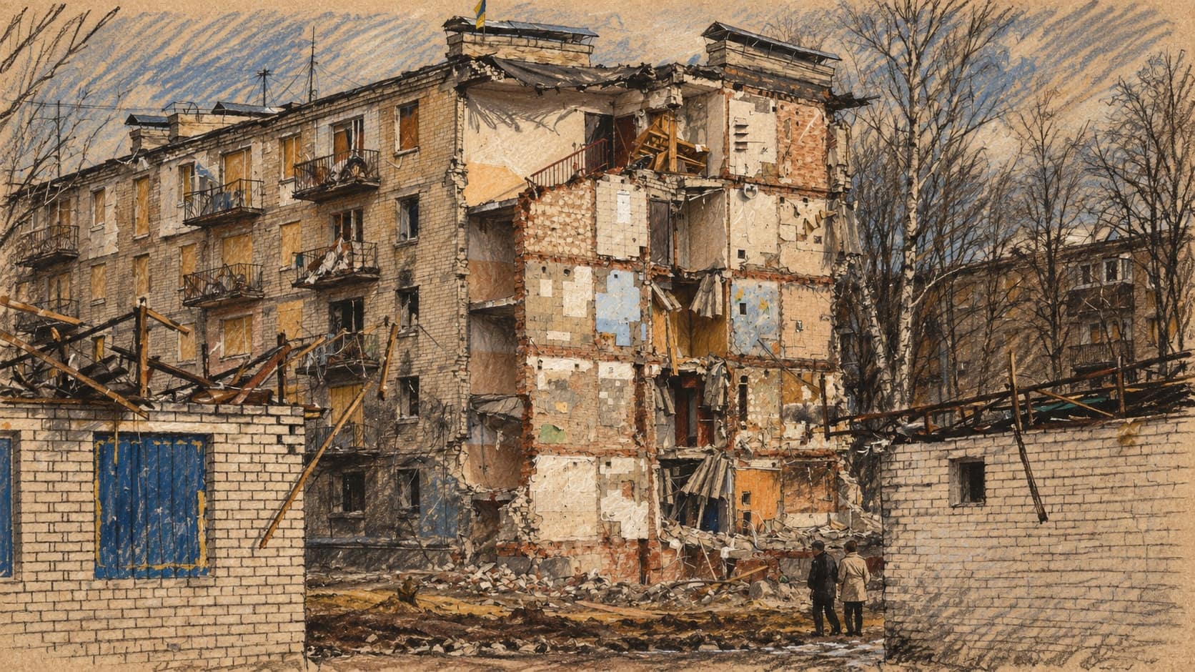 Courtroom-sketch editorial illustration of a damaged Kharkiv residential building photographed in 2024; archival context, not the September 2026 Saltivskyi strike, rendered in warm ochre and slate-blue pastel strokes.