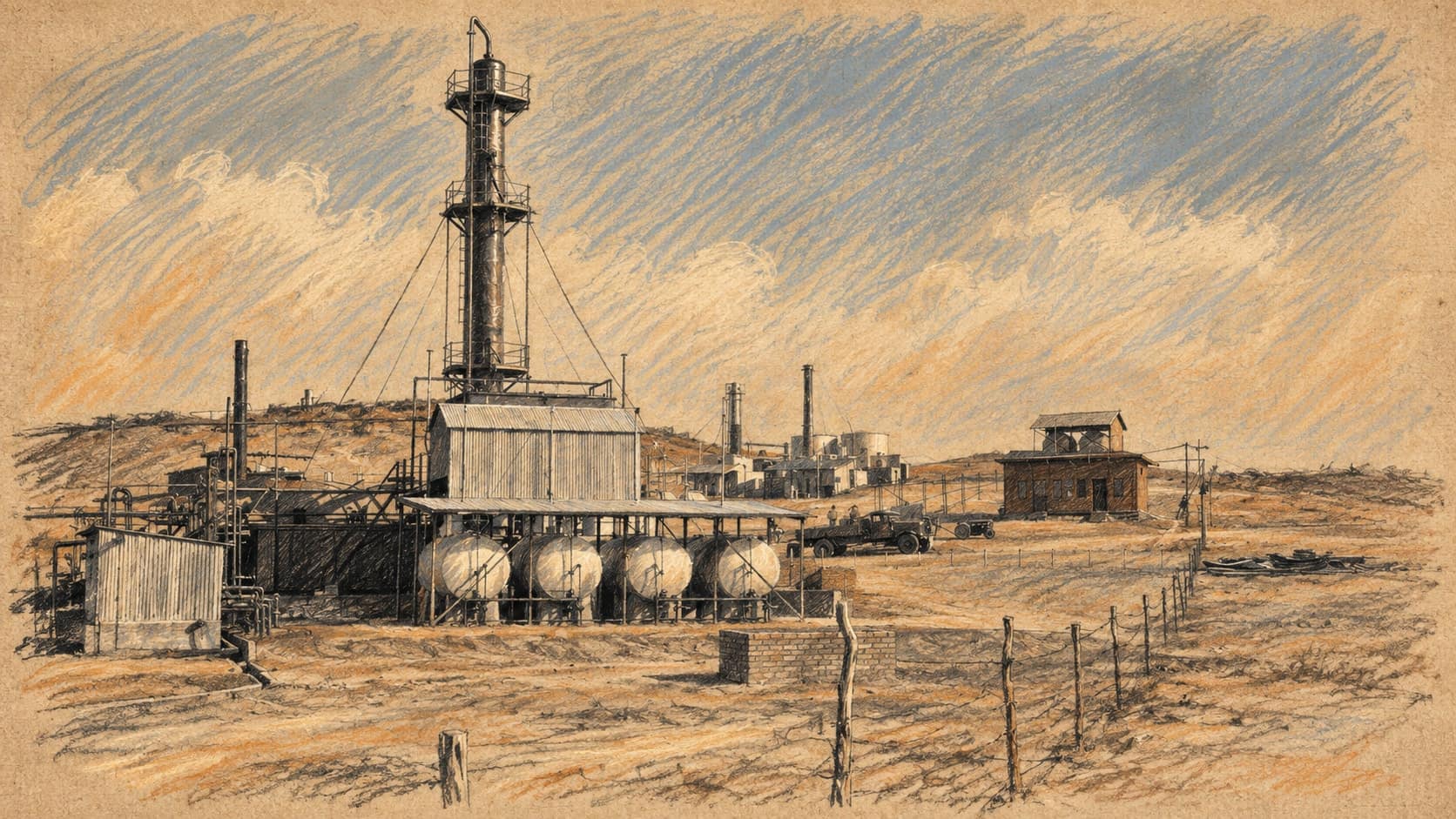 Courtroom-sketch editorial illustration of a 1932 oil installation south of Kirkuk, with a tall steel tower, tanks and pipes; archival oil-industry context, not the 2026 Kirkuk-Ceyhan flow increase, rendered in warm ochre and slate-blue pastel strokes.