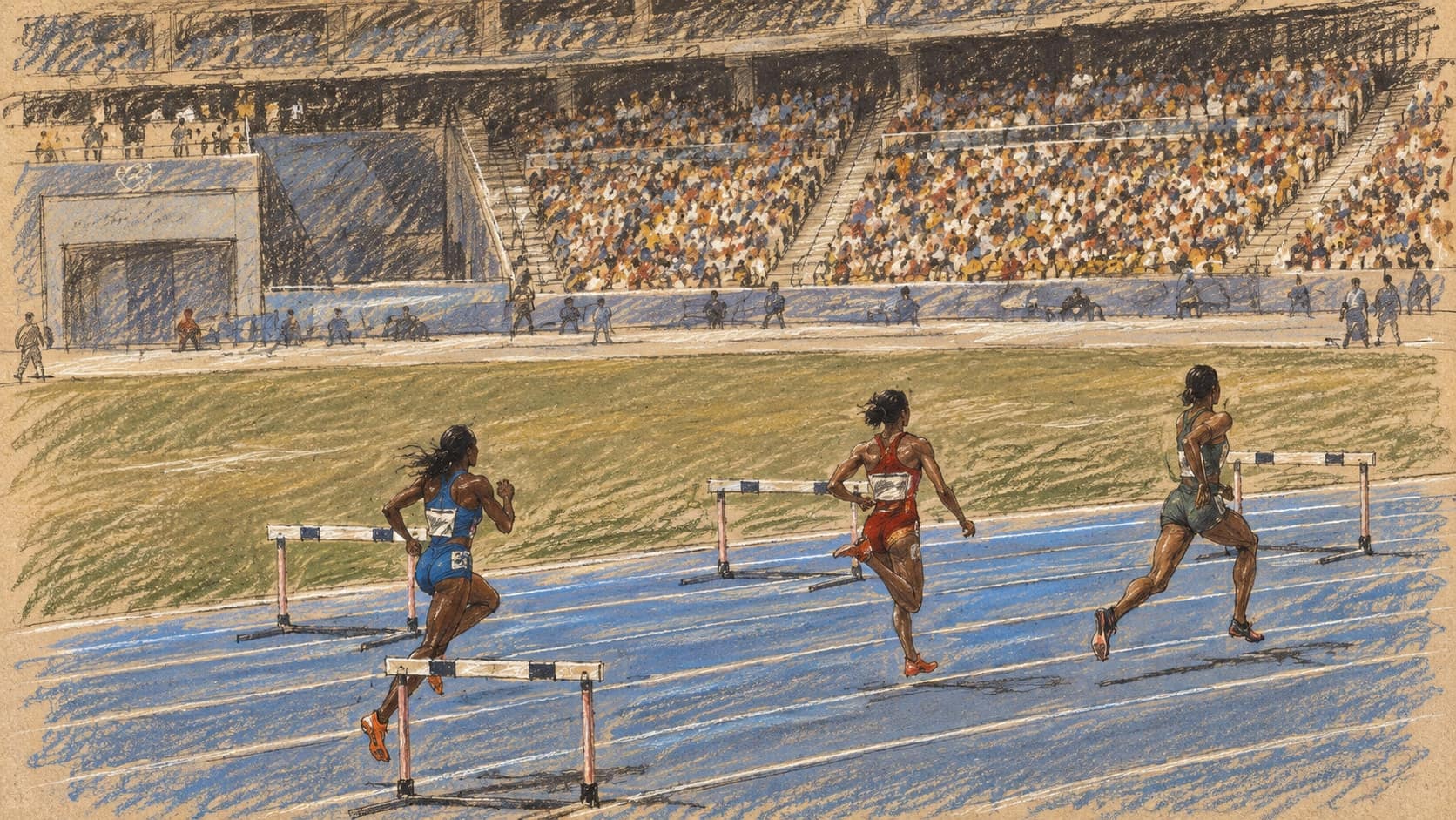 Courtroom-sketch editorial illustration of women running a 400-metre hurdles race, based on an archival Paris 2024 scene rather than Mariam Kareem's 2026 Nagoya final, rendered in warm ochre and slate-blue pastel strokes.