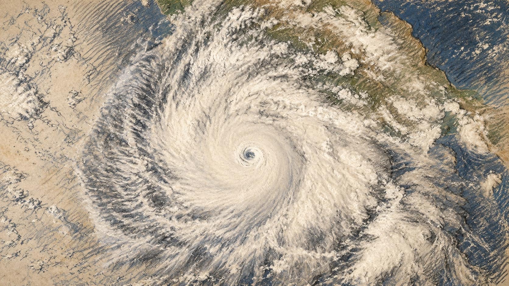 Courtroom-sketch editorial illustration of Hurricane Polo's spiral and eye off Mexico, adapted from a September 23, 2026 NASA satellite view; archival storm context, not the September 28 warning moment, rendered in warm ochre and slate-blue pastel strokes.