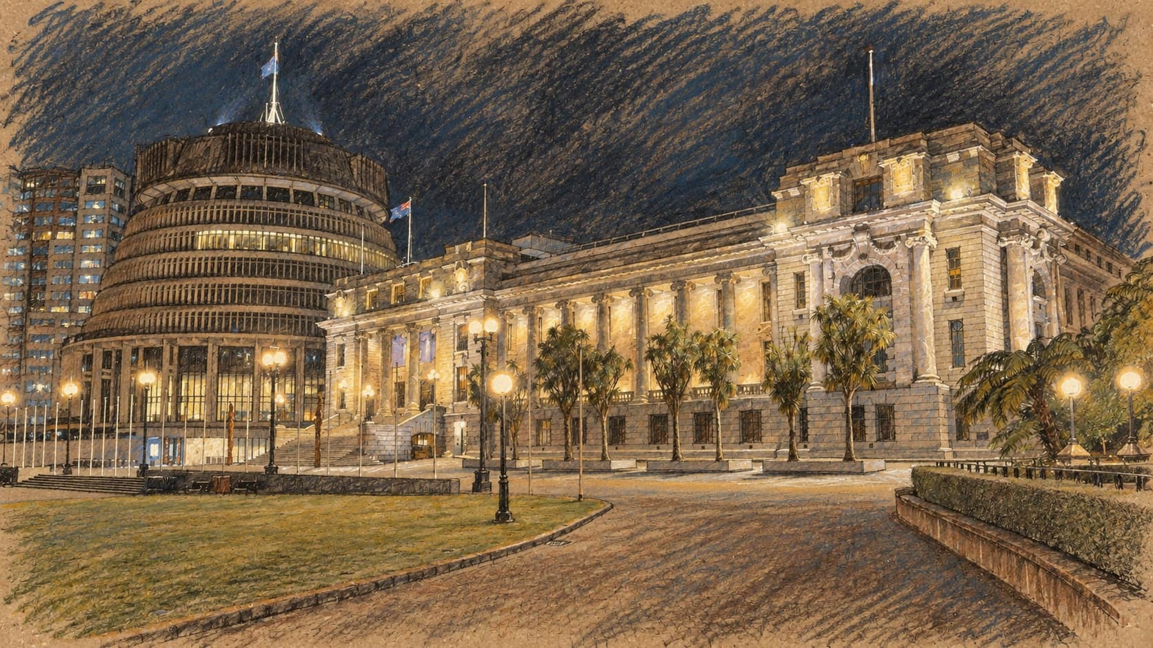 Courtroom-sketch editorial illustration of New Zealand's Beehive and Parliament House in Wellington at night, based on an archival 2024 photograph as context for the poll rather than the poll event itself, rendered in warm ochre and slate-blue pastel strokes.