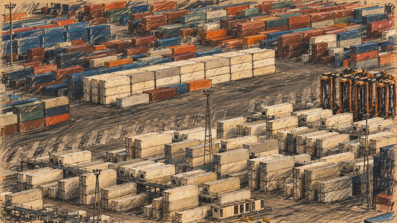 Courtroom-sketch editorial illustration of a cargo-container yard, based on an archival view of Barcelona's port rather than the Nigerian ports in this story, rendered in warm ochre and slate-blue pastel strokes.
