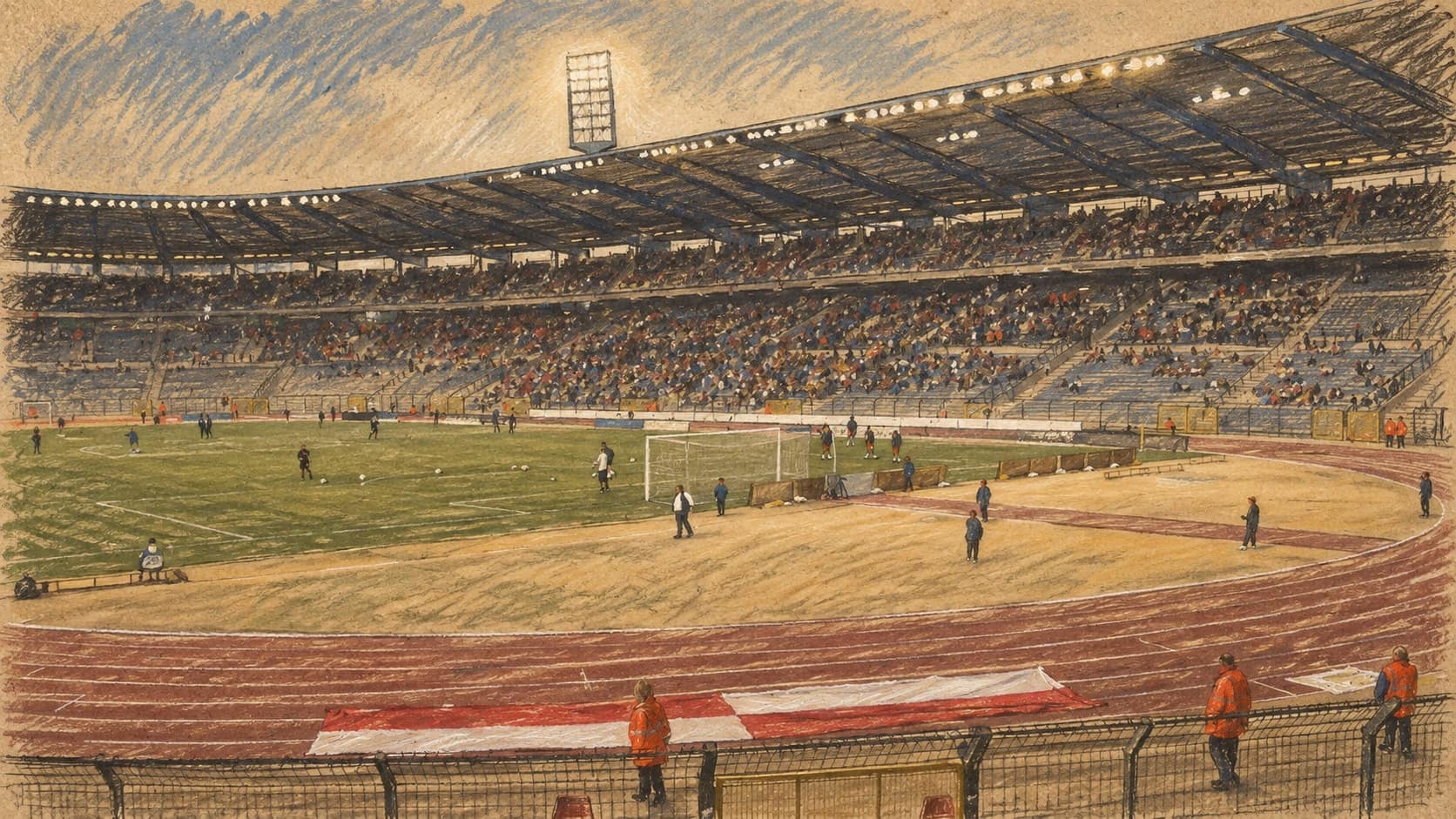 Courtroom-sketch editorial illustration of an archival 2006 football match at Brussels' King Baudouin Stadium, showing the pitch, stands and spectators as venue context, not the 2026 Belgium-France match, rendered in warm ochre and slate-blue pastel strokes.