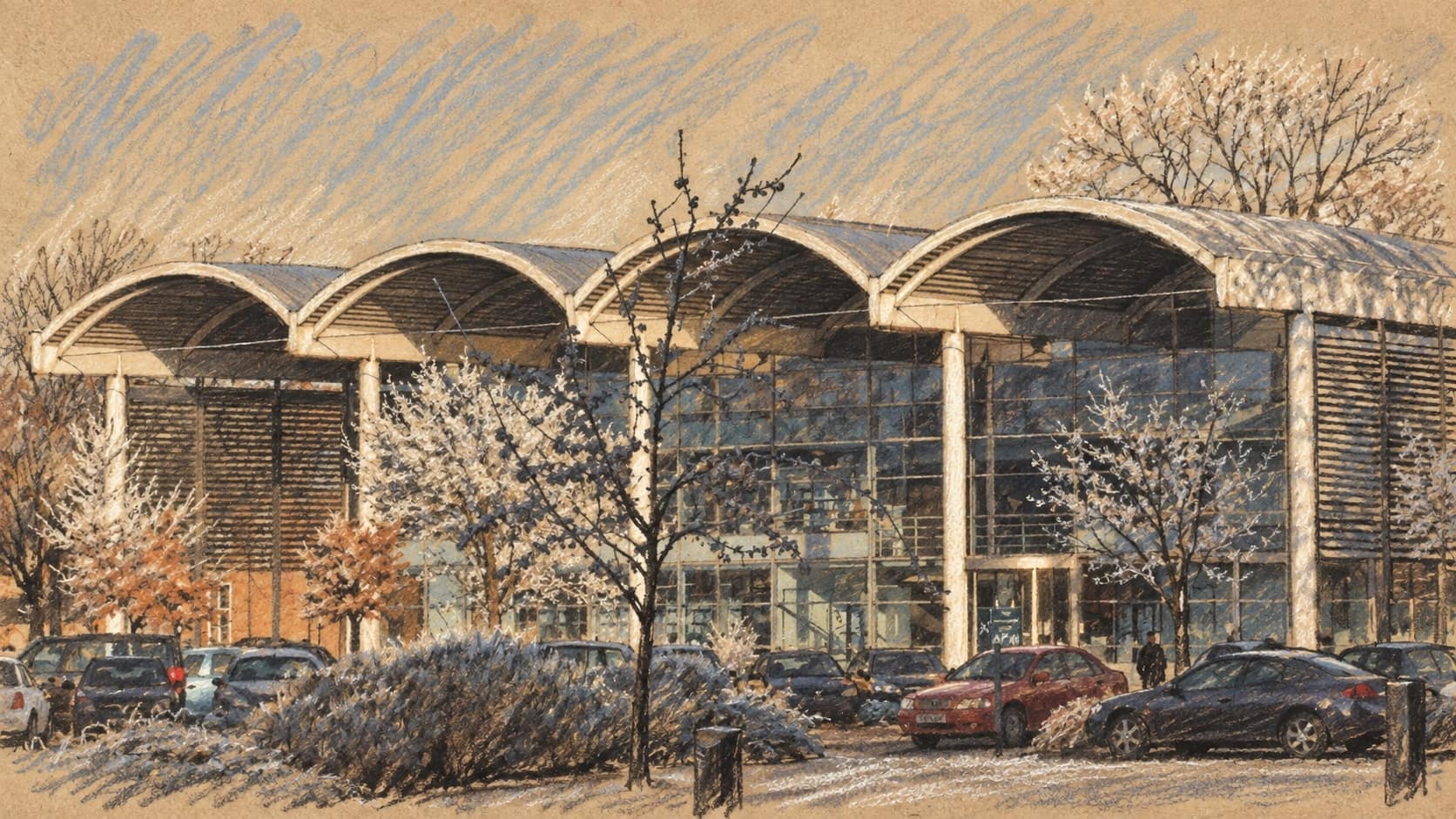 Courtroom-sketch editorial illustration of Cranfield University Library, showing its curved roof and glass facade; archival campus context for the joint programme partner, not the Rabdan Academy accreditation announcement, rendered in warm ochre and slate-blue pastel strokes.