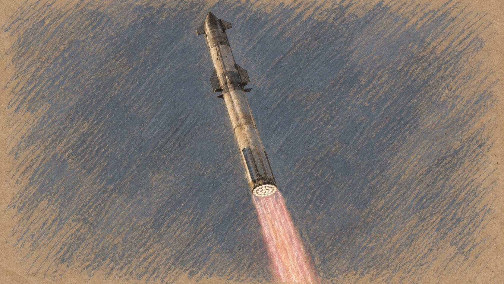 Courtroom-sketch editorial illustration of a Starship rocket ascending with its engine plume, based on archival NASA footage of the 2023 second test flight rather than the September 2026 orbital mission, rendered in warm ochre and slate-blue pastel strokes.
