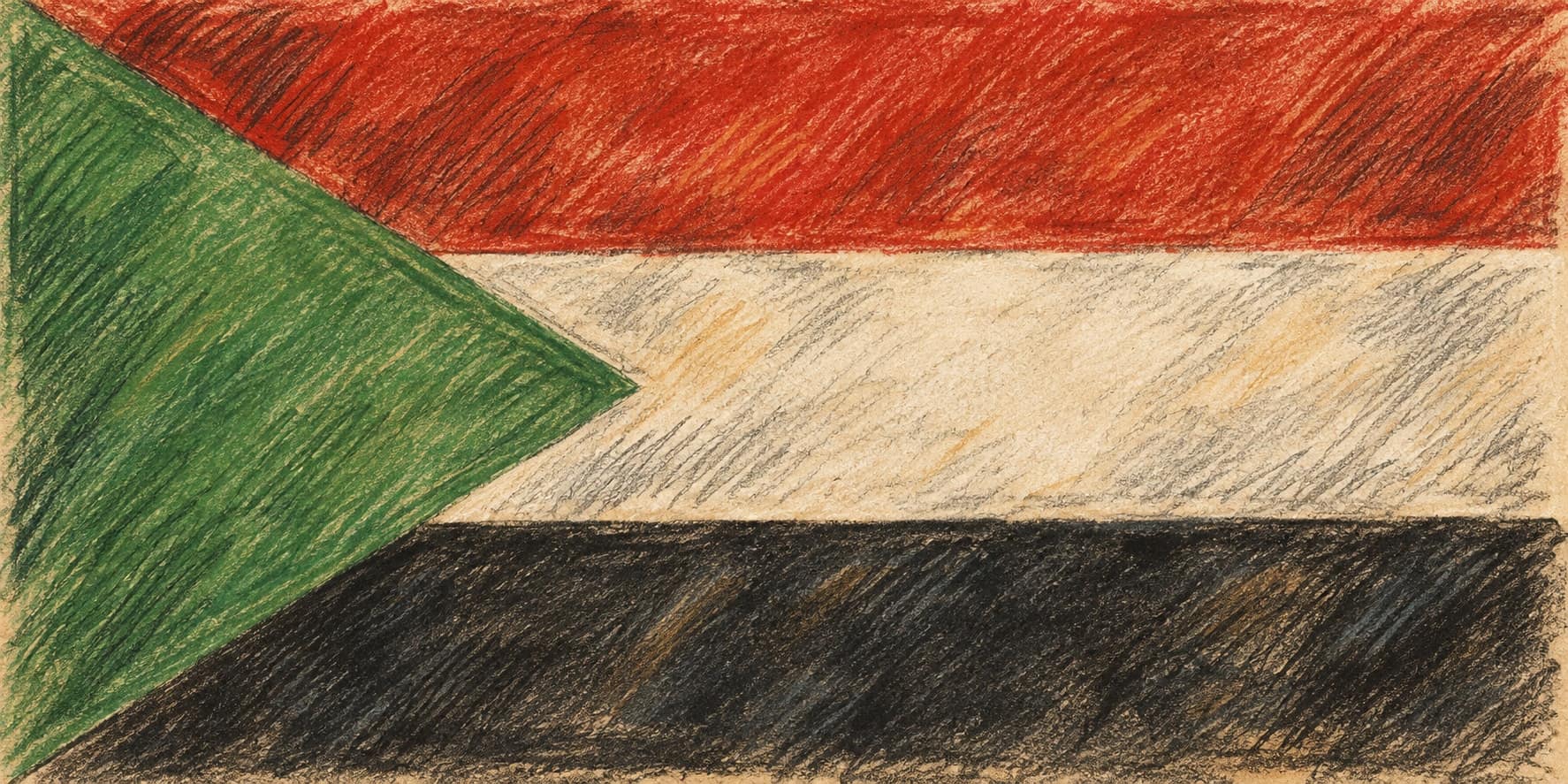 Courtroom-sketch editorial illustration of Sudan's national flag, with a green triangle and red, white and black bands; contextual artwork for the army's statement, rendered in warm ochre and slate-blue pastel strokes.