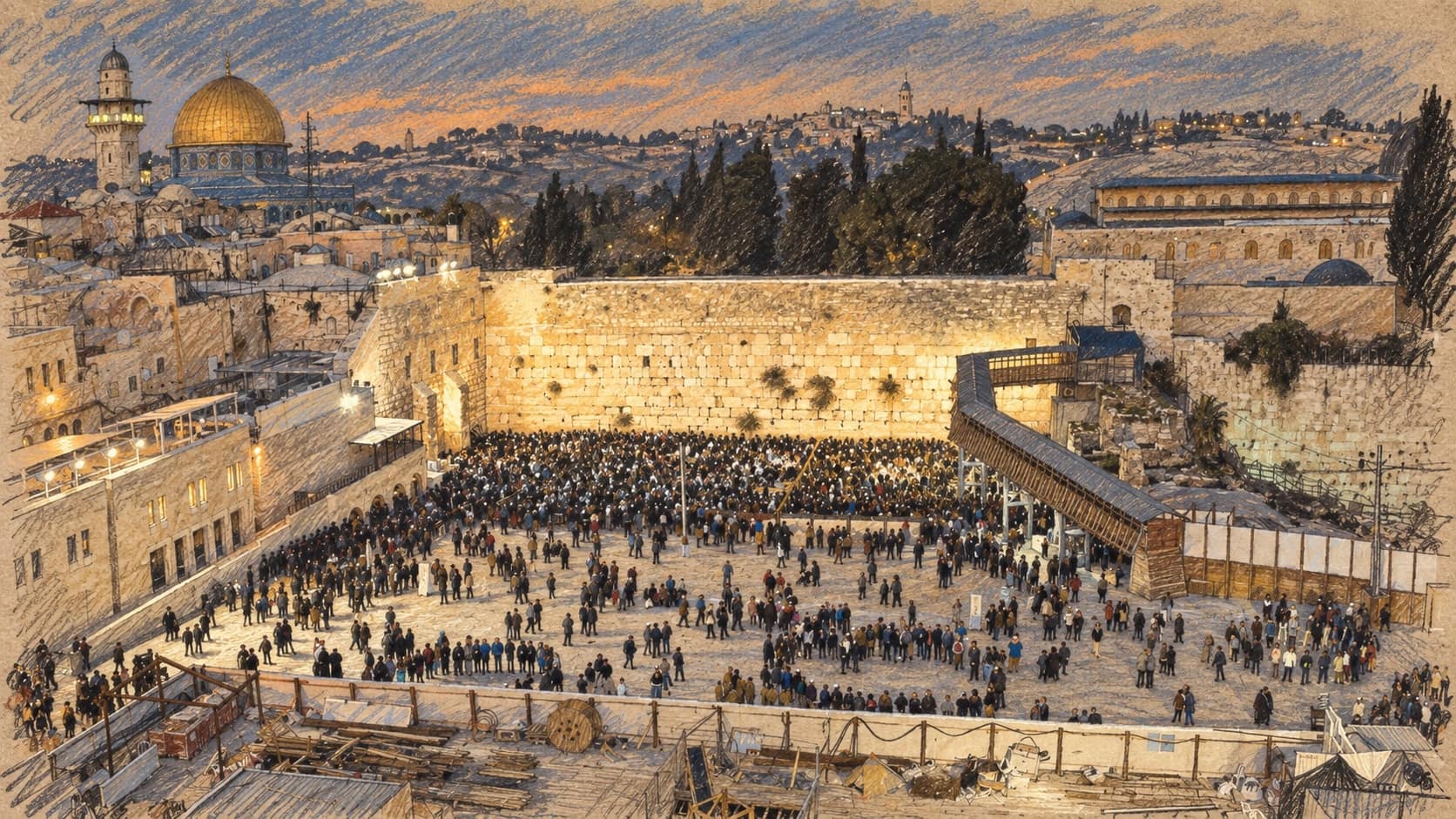 Courtroom-sketch editorial illustration of worshippers at Jerusalem's Western Wall in an archival 2018 evening scene; contextual view, not the September 2026 Sukkot blessing, rendered in warm ochre and slate-blue pastel strokes.