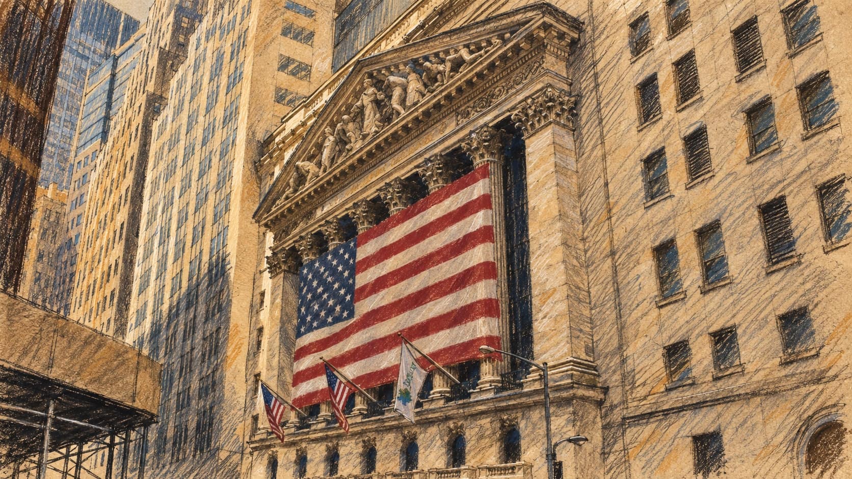 Courtroom-sketch editorial illustration of an archival street view of the New York Stock Exchange with a large U.S. flag across its columns; market context, not the September 2026 trading session, rendered in warm ochre and slate-blue pastel strokes.