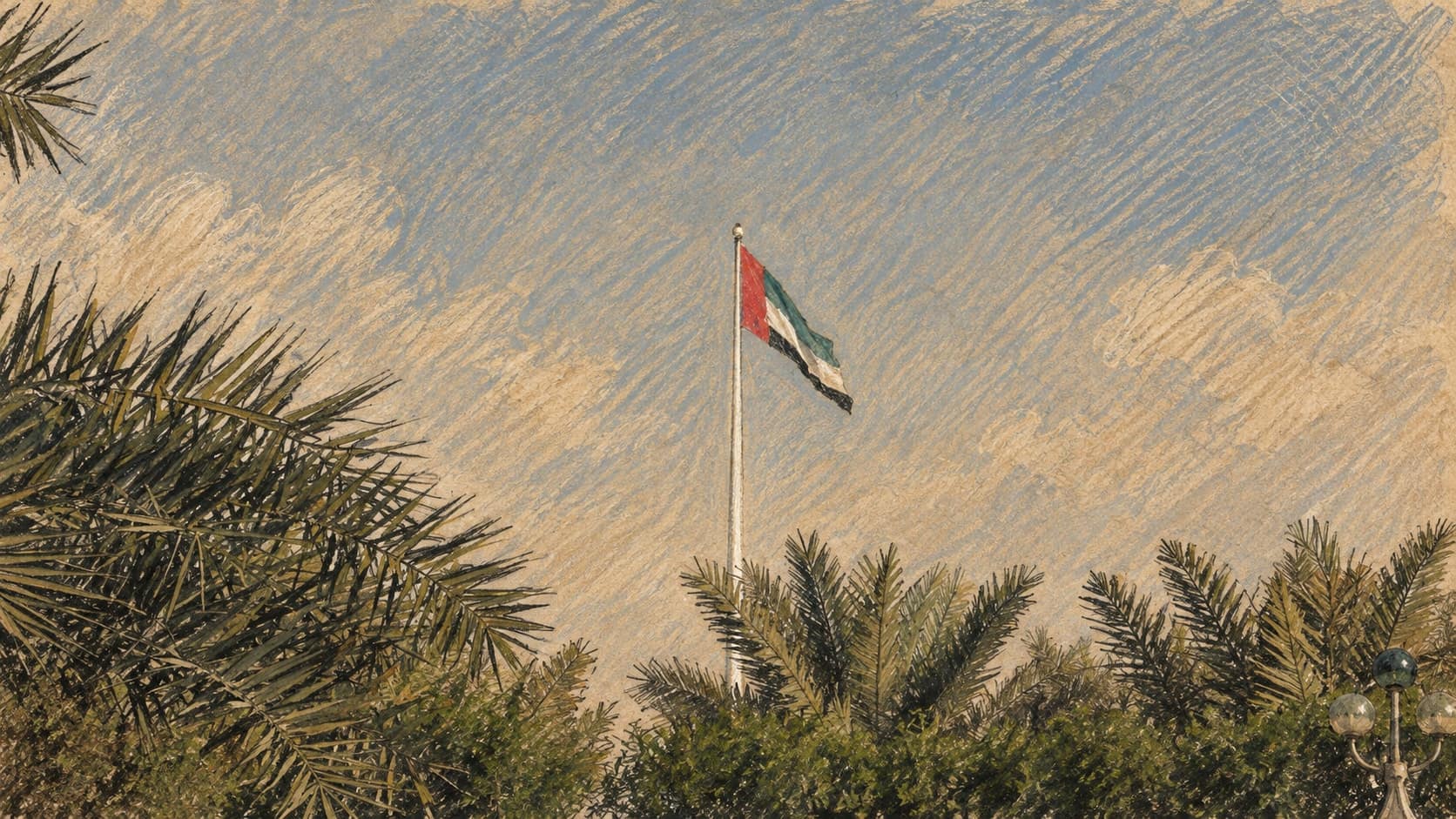 Courtroom-sketch editorial illustration of a UAE flag on a pole above palms in Abu Dhabi, based on an archival 2009 photograph as national context rather than the 2026 financial crime risk assessment launch, rendered in warm ochre and slate-blue pastel strokes.